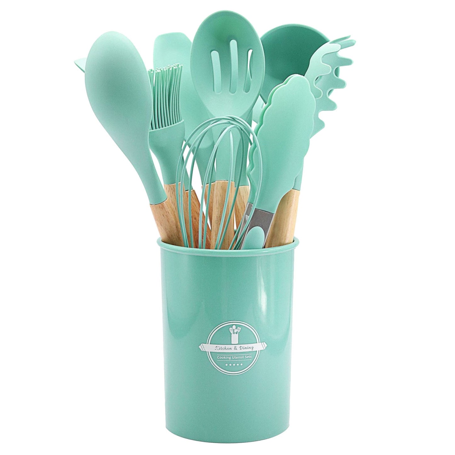 Chmadoxn 12 Pcs Silicone Cooking Kitchen Utensils Set with Holder, Wooden Handles Cooking Tool, Turner Pliers Spatula Spoon Kitchen Gadget Suit for Non-Stick Cookware, Women's Gifts 13×4 in Gray