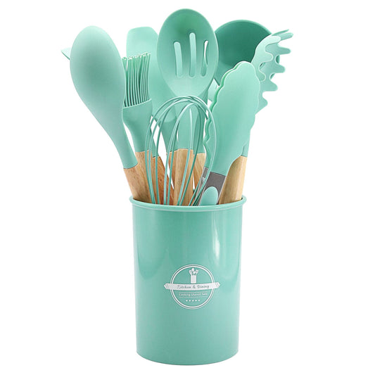 Chmadoxn 12 Pcs Silicone Cooking Kitchen Utensils Set with Holder, Wooden Handles Cooking Tool, Turner Pliers Spatula Spoon Kitchen Gadget Suit for Non-Stick Cookware, Women's Gifts 13×4 in Gray
