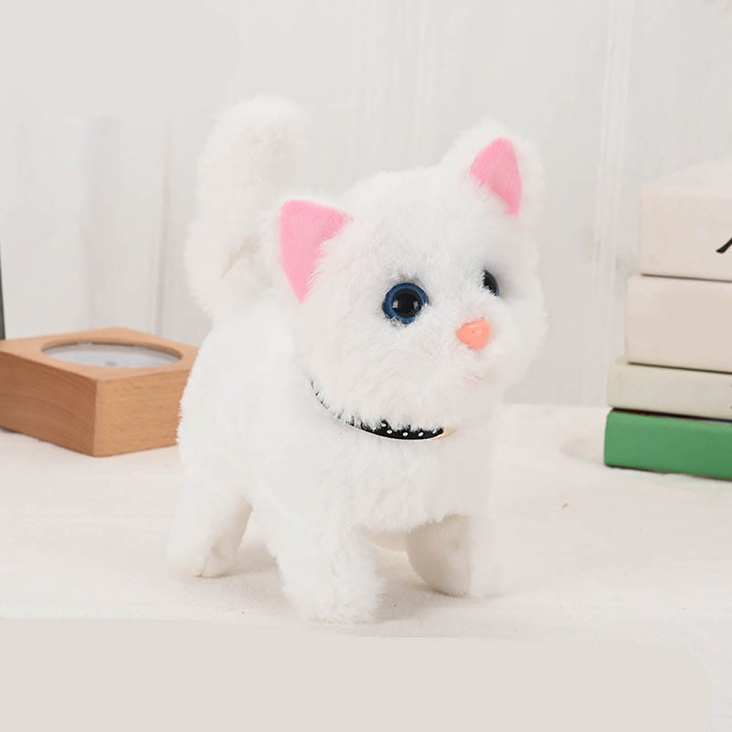 Darzheoy Walking Kitty Plush Toy Electric Interactive Cat Stuffed Animal Meowing Tail Wagging Head Nodding Cat Pet Toy Animated Kitten Christmas Birthday Gift for Kids Toddlers White