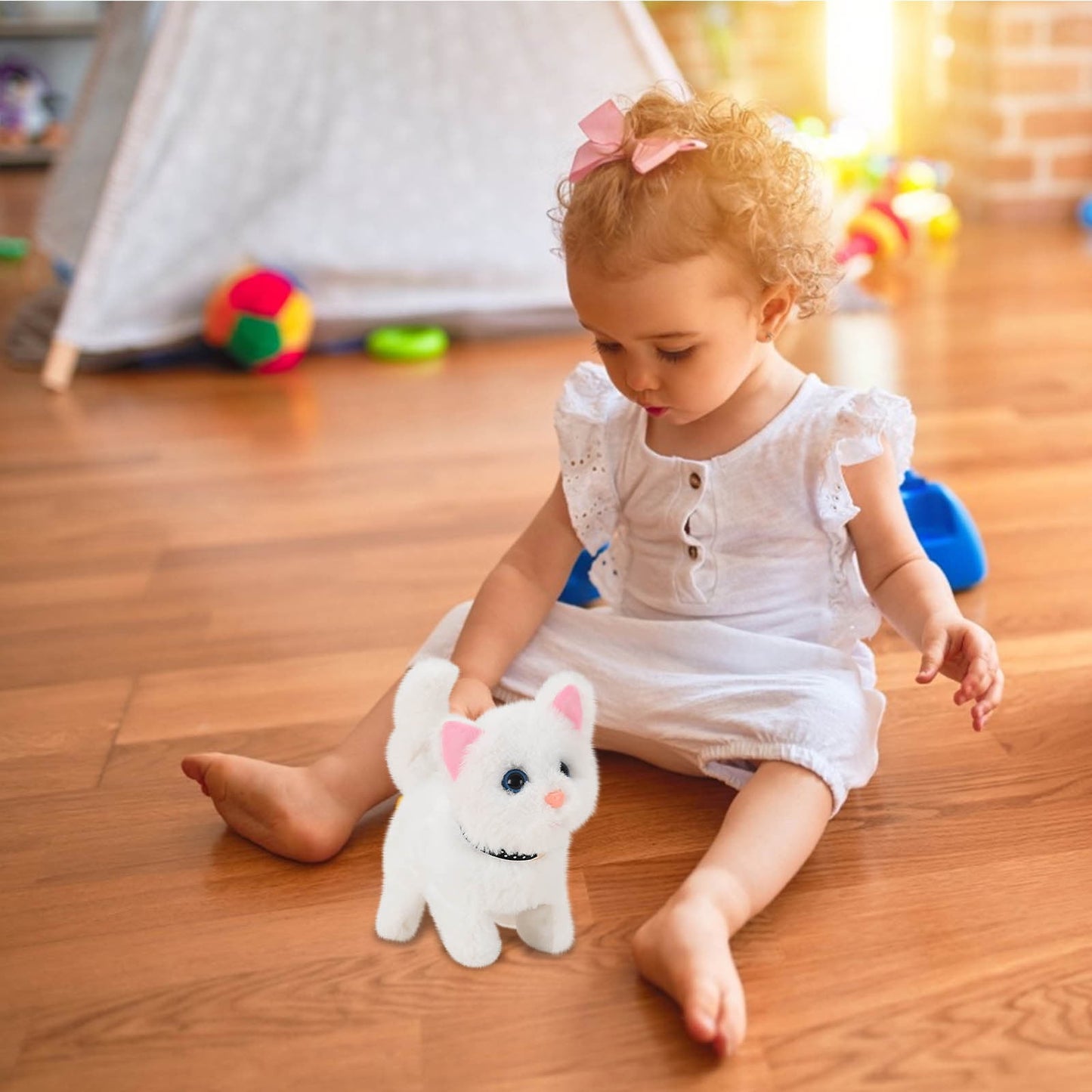 Darzheoy Walking Kitty Plush Toy Electric Interactive Cat Stuffed Animal Meowing Tail Wagging Head Nodding Cat Pet Toy Animated Kitten Christmas Birthday Gift for Kids Toddlers White