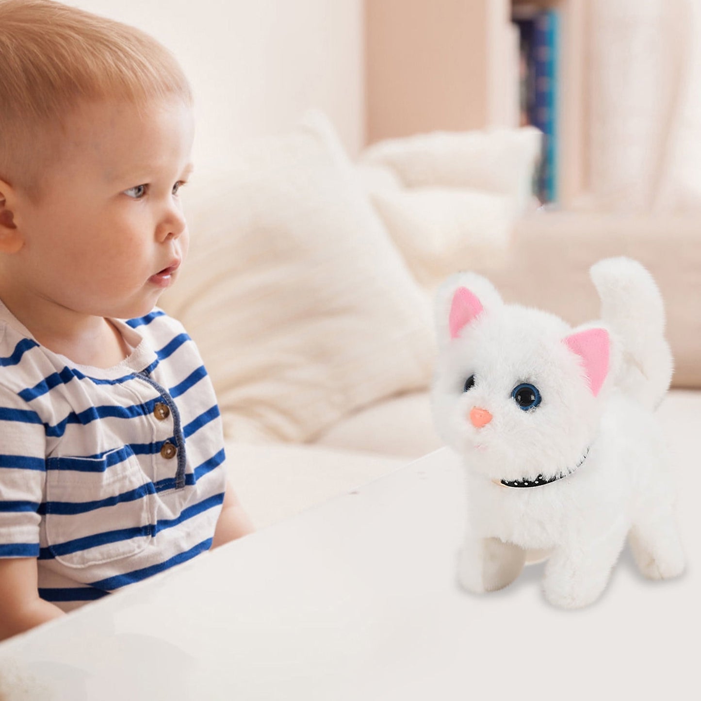Darzheoy Walking Kitty Plush Toy Electric Interactive Cat Stuffed Animal Meowing Tail Wagging Head Nodding Cat Pet Toy Animated Kitten Christmas Birthday Gift for Kids Toddlers White