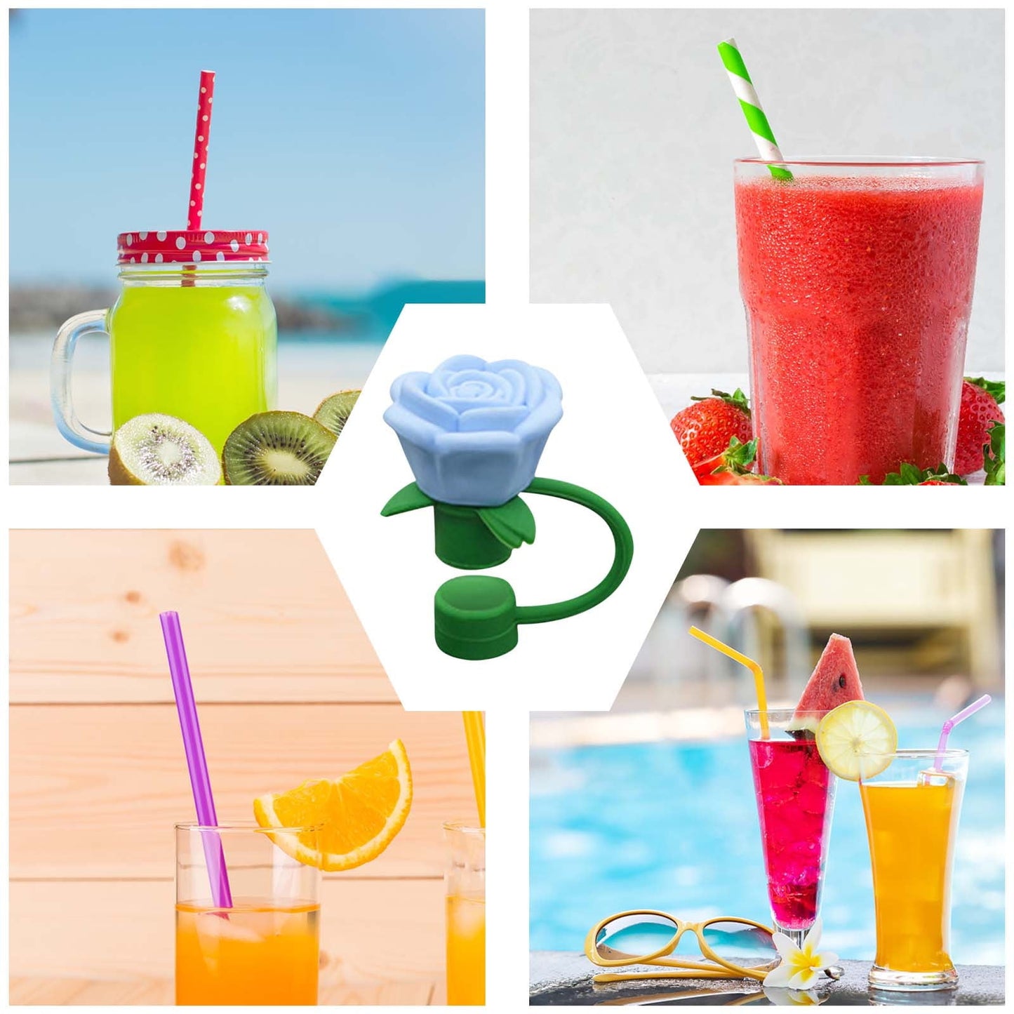 Darzheoy Rose Straw Toppers 10mm, Pink Flower Straw Covers Straw Tips for Tumblers Cup Accessories Tumbler Accessories Blue