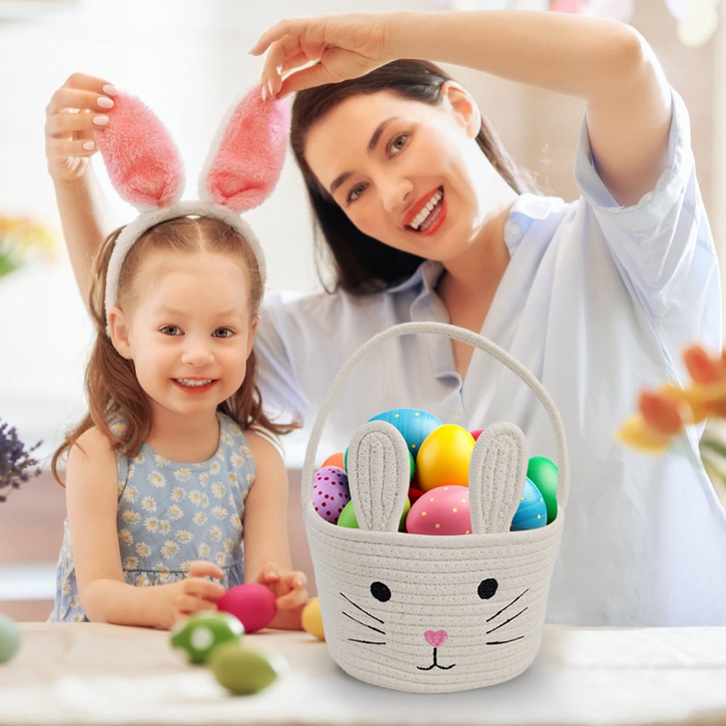 Darzheoy Easter Basket for Boys Girls Easter Bunny Basket with Rabbit Ears, Easter Egg Hunting Basket Easter Baskets for Kids Babies First Easter Gifts A