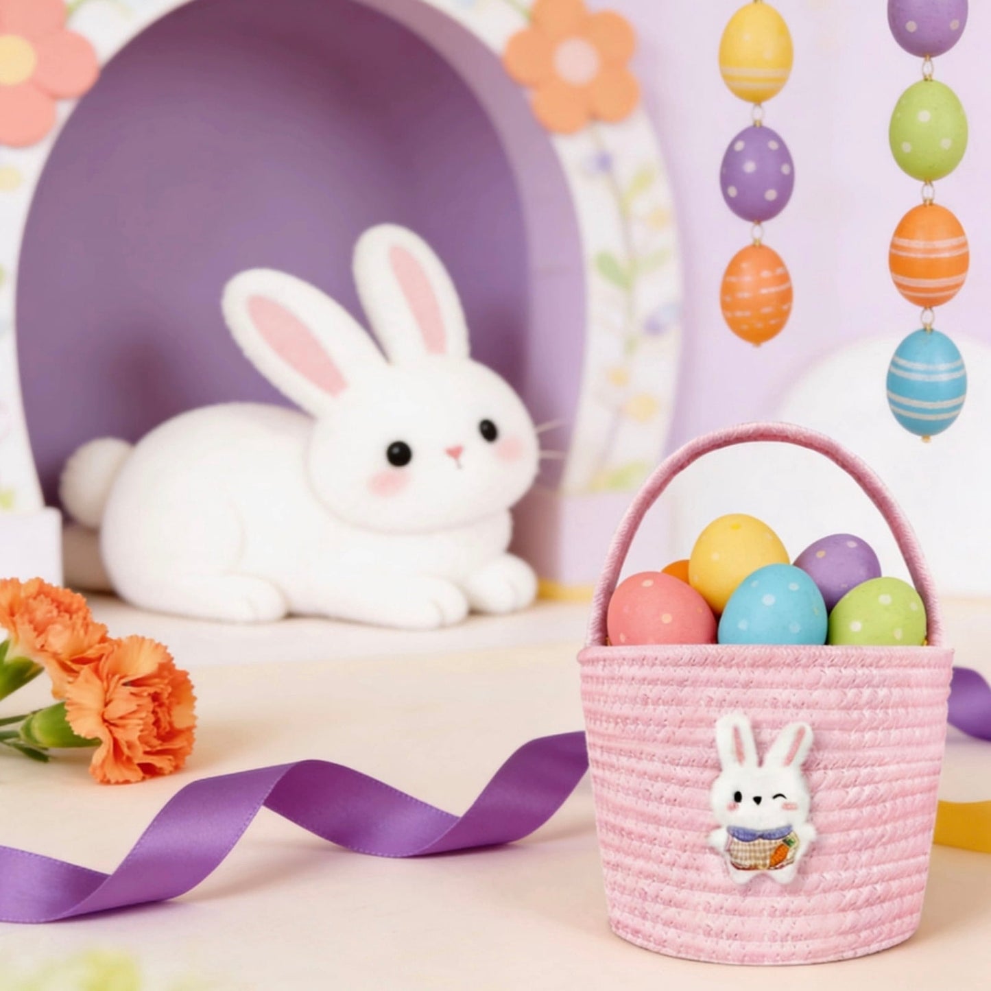 Darzheoy Easter Basket for Boys Girls Easter Bunny Basket with Rabbit Ears, Easter Egg Hunting Basket Easter Baskets for Kids Babies First Easter Gifts E