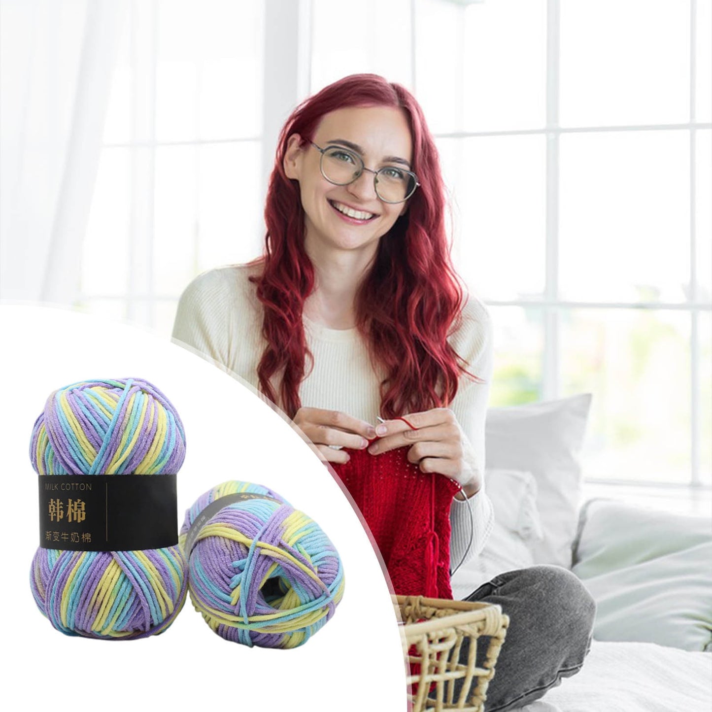 AYktou Cotton Yarn - Multicolor Rainbows Yarn,50 gram Skeins,26 Colors Available,7 Strands Of Combed Milk Cotton Crocheting Yarn for Knitting,Crochet,Weaving,Arts & Crafts - Fiesta #E - Light Blue