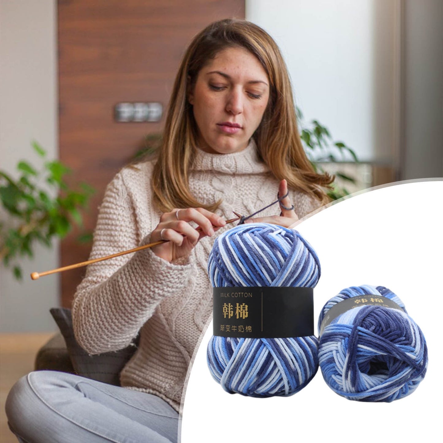 AYktou Cotton Yarn - Multicolor Rainbows Yarn,50 gram Skeins,26 Colors Available,7 Strands Of Combed Milk Cotton Crocheting Yarn for Knitting,Crochet,Weaving,Arts & Crafts - Fiesta #O - Blue White