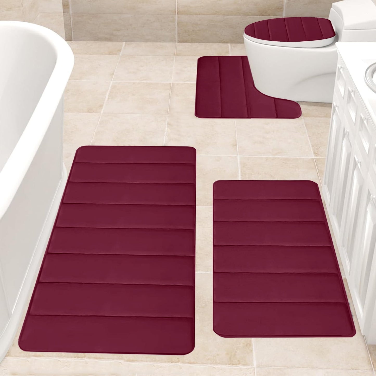 Kdkad Bathroom Rugs Sets 3 Piece, Bath Rugs for Bathroom Non Slip, Ultra Soft Water Absorbent Microfiber Bath Mat Set, Machine Washable Thick Plush Bath Mats for Bathroom Floor,Tub and Shower 4 pc Beige