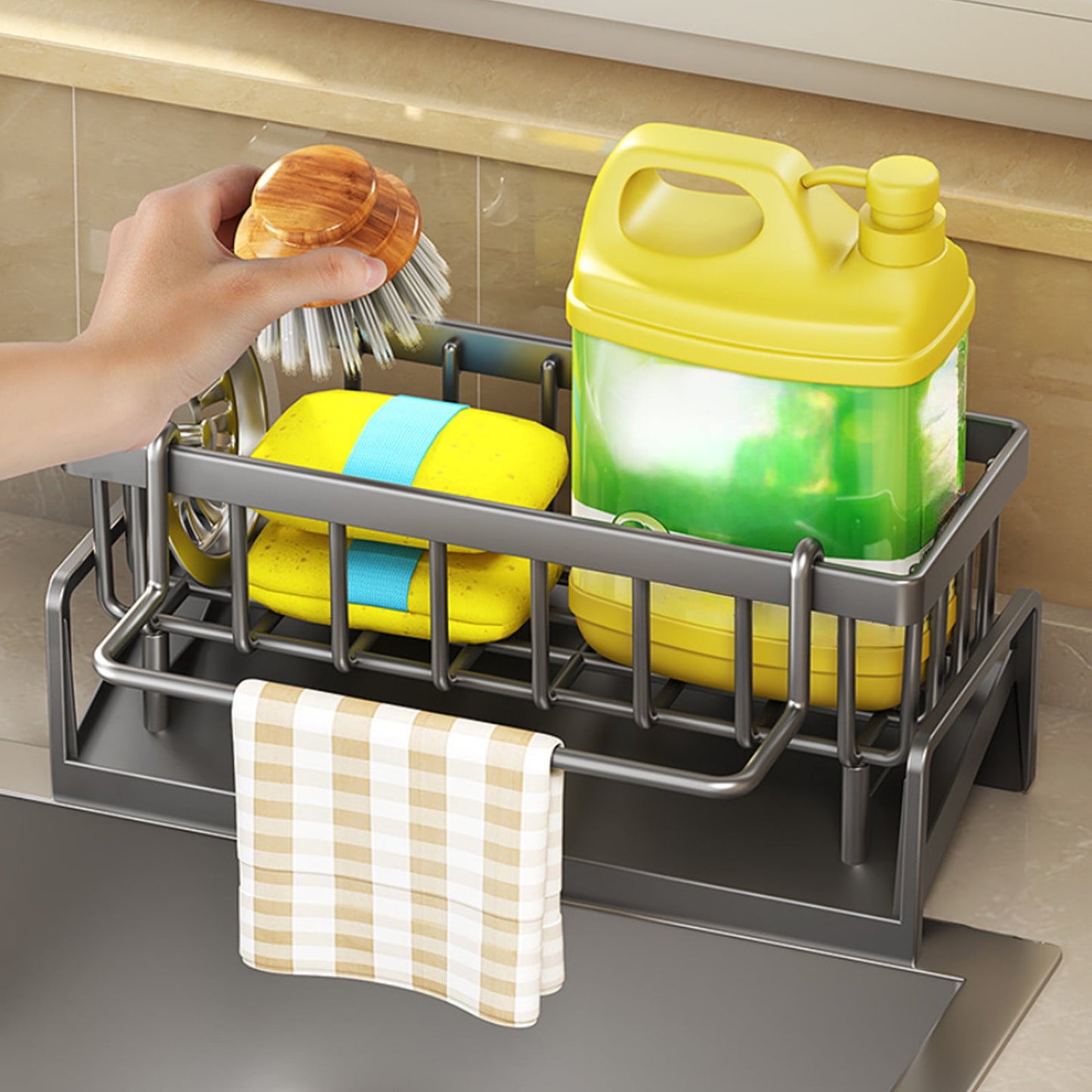 Darzheoy Sponge Holder for Kitchen Sink, Auto Draining Kitchen Sink Caddy, Rustproof Steel Dish Sponge Organizer with Removable Dishcloth Rack, Soap Dispenser Brush Holder Gray