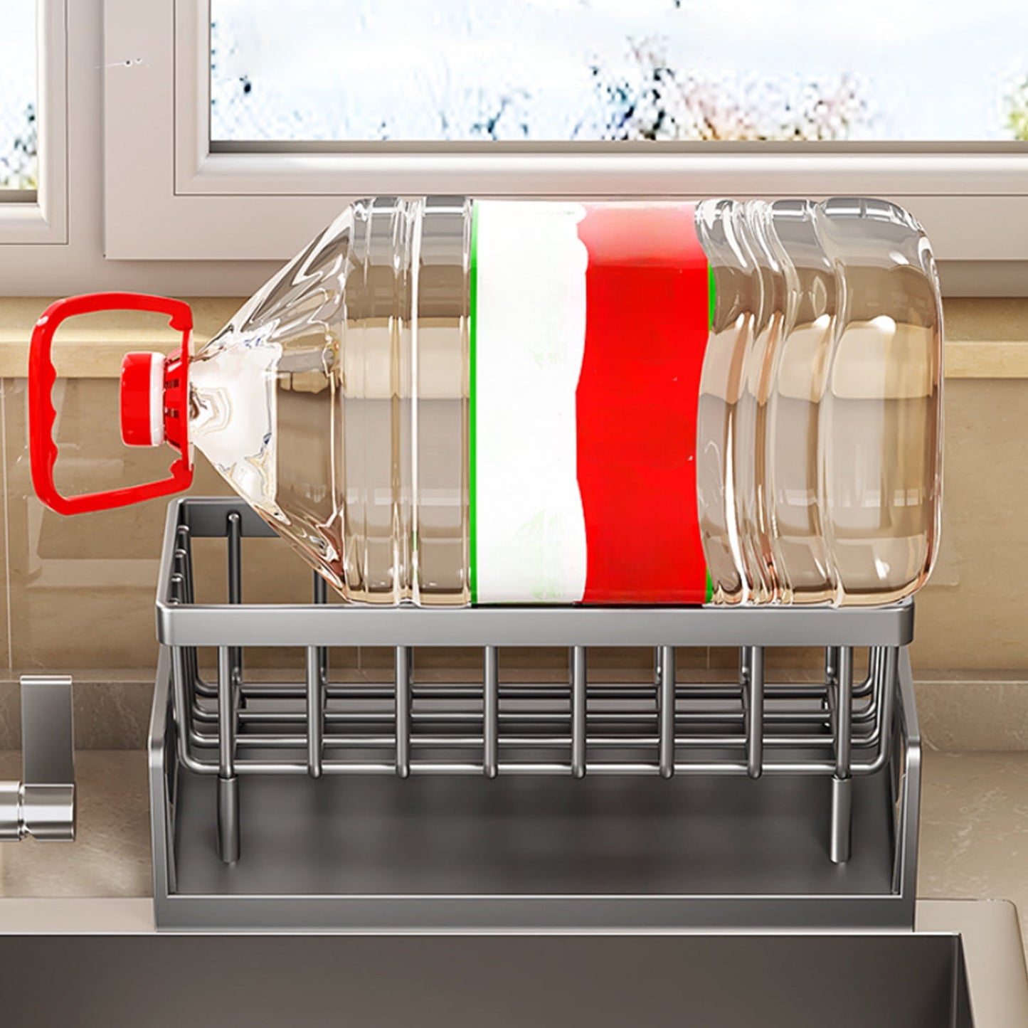 Darzheoy Sponge Holder for Kitchen Sink, Auto Draining Kitchen Sink Caddy, Rustproof Steel Dish Sponge Organizer with Removable Dishcloth Rack, Soap Dispenser Brush Holder Gray