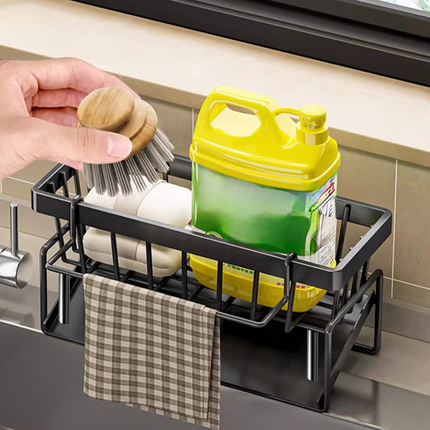 Darzheoy Sponge Holder for Kitchen Sink, Auto Draining Kitchen Sink Caddy, Rustproof Steel Dish Sponge Organizer with Removable Dishcloth Rack, Soap Dispenser Brush Holder X-Black