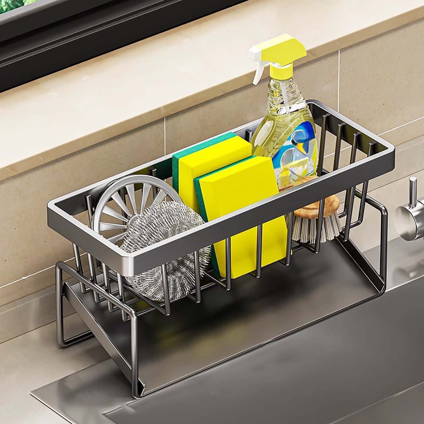 Darzheoy Sponge Holder for Kitchen Sink, Auto Draining Kitchen Sink Caddy, Rustproof Steel Dish Sponge Organizer with Removable Dishcloth Rack, Soap Dispenser Brush Holder X-Gray
