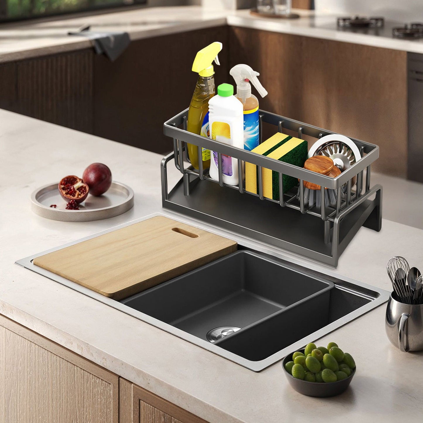 Darzheoy Sponge Holder for Kitchen Sink, Auto Draining Kitchen Sink Caddy, Rustproof Steel Dish Sponge Organizer with Removable Dishcloth Rack, Soap Dispenser Brush Holder X-Gray