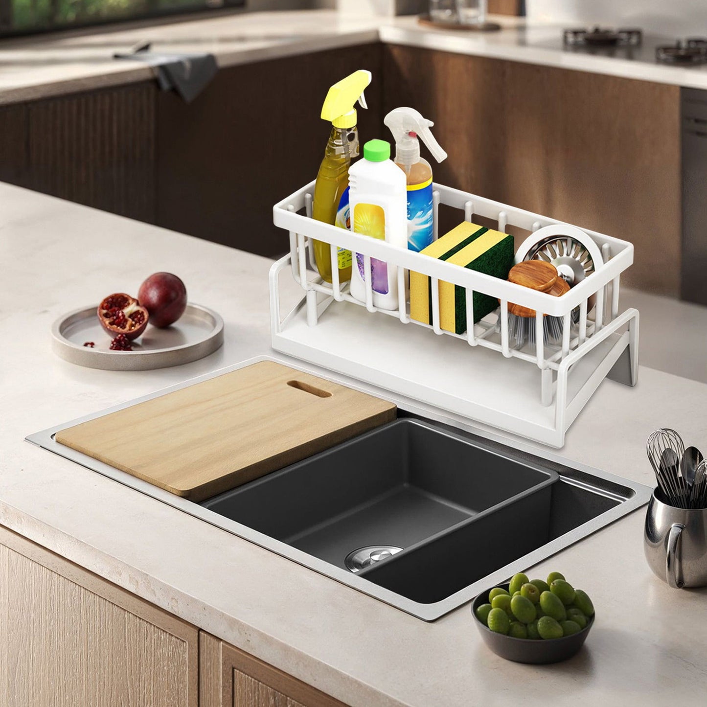Darzheoy Sponge Holder for Kitchen Sink, Auto Draining Kitchen Sink Caddy, Rustproof Steel Dish Sponge Organizer with Removable Dishcloth Rack, Soap Dispenser Brush Holder X-White