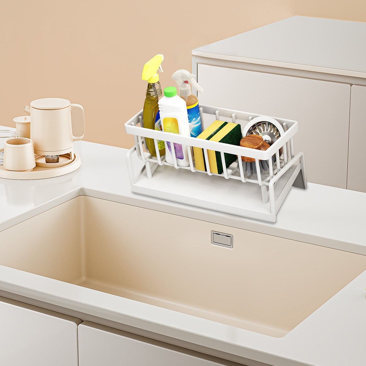 Darzheoy Sponge Holder for Kitchen Sink, Auto Draining Kitchen Sink Caddy, Rustproof Steel Dish Sponge Organizer with Removable Dishcloth Rack, Soap Dispenser Brush Holder X-White