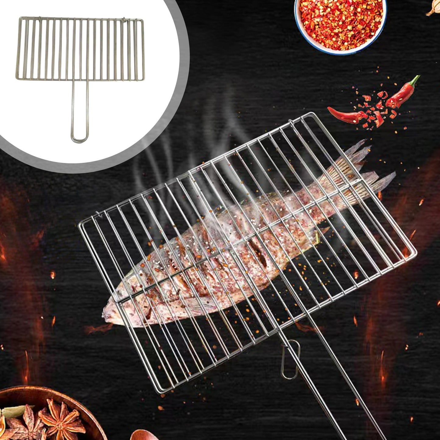 Kdkad Fish Grilling Basket, BBQ Grilling Basket, Folding Portable Stainless Steel BBQ Grill Basket for Fish Vegetables Shrimp with Handle 15×9.4 in Silver