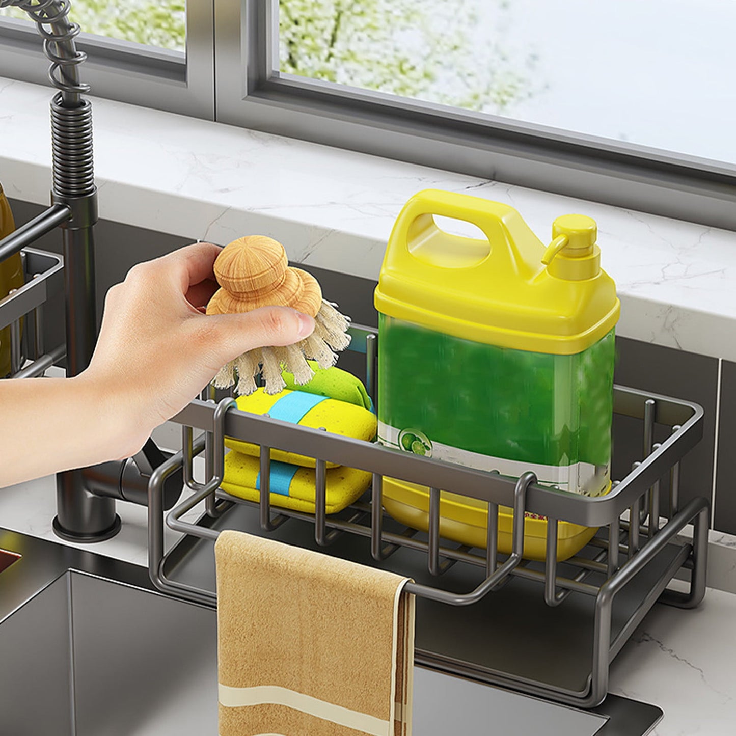 Kdkad Kitchen Sink Sponge Holder, Sponge Holder Kitchen Sink Caddy Organizer with Dish Brush Holder, Rustproof Stainless Steel Sink Sponge Holder with Auto-Draining Tray A