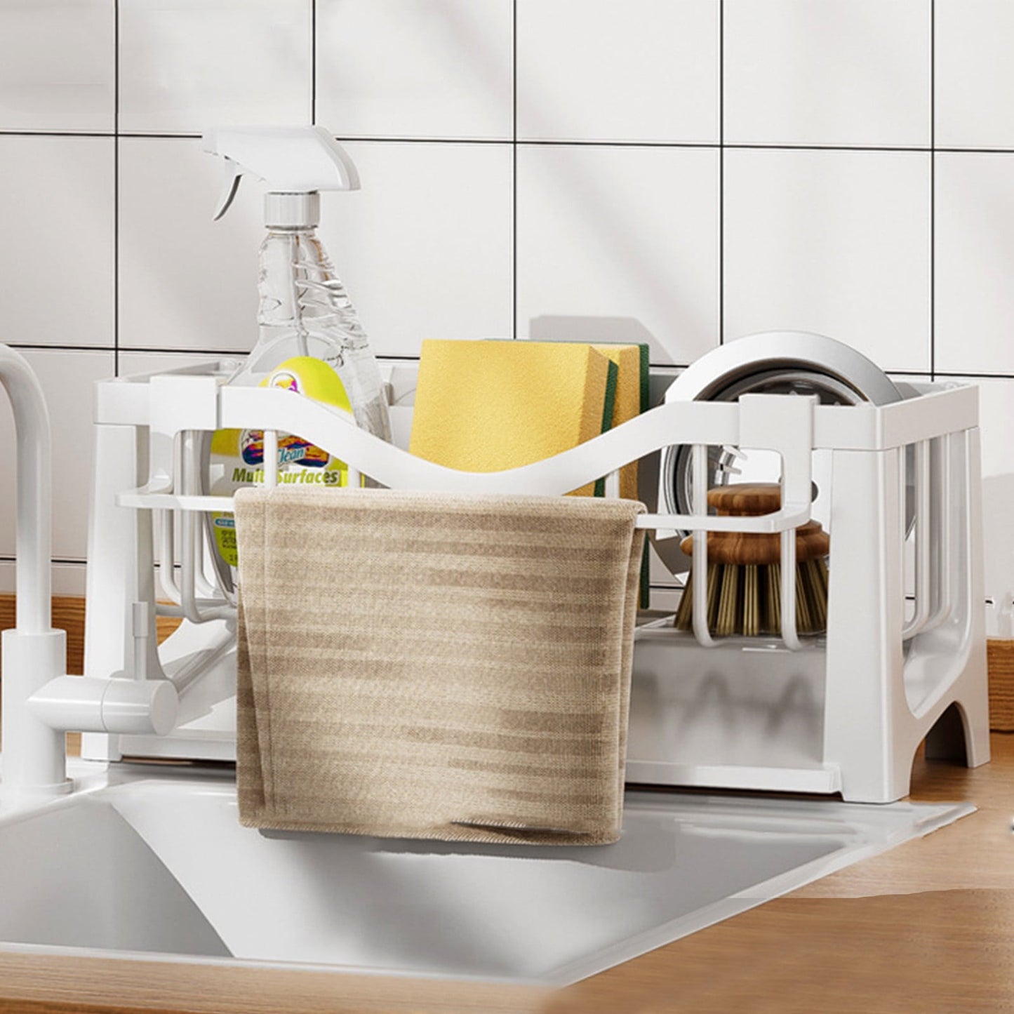 Kdkad Kitchen Sink Sponge Holder, Sponge Holder Kitchen Sink Caddy Organizer with Dish Brush Holder, Rustproof Stainless Steel Sink Sponge Holder with Auto-Draining Tray C
