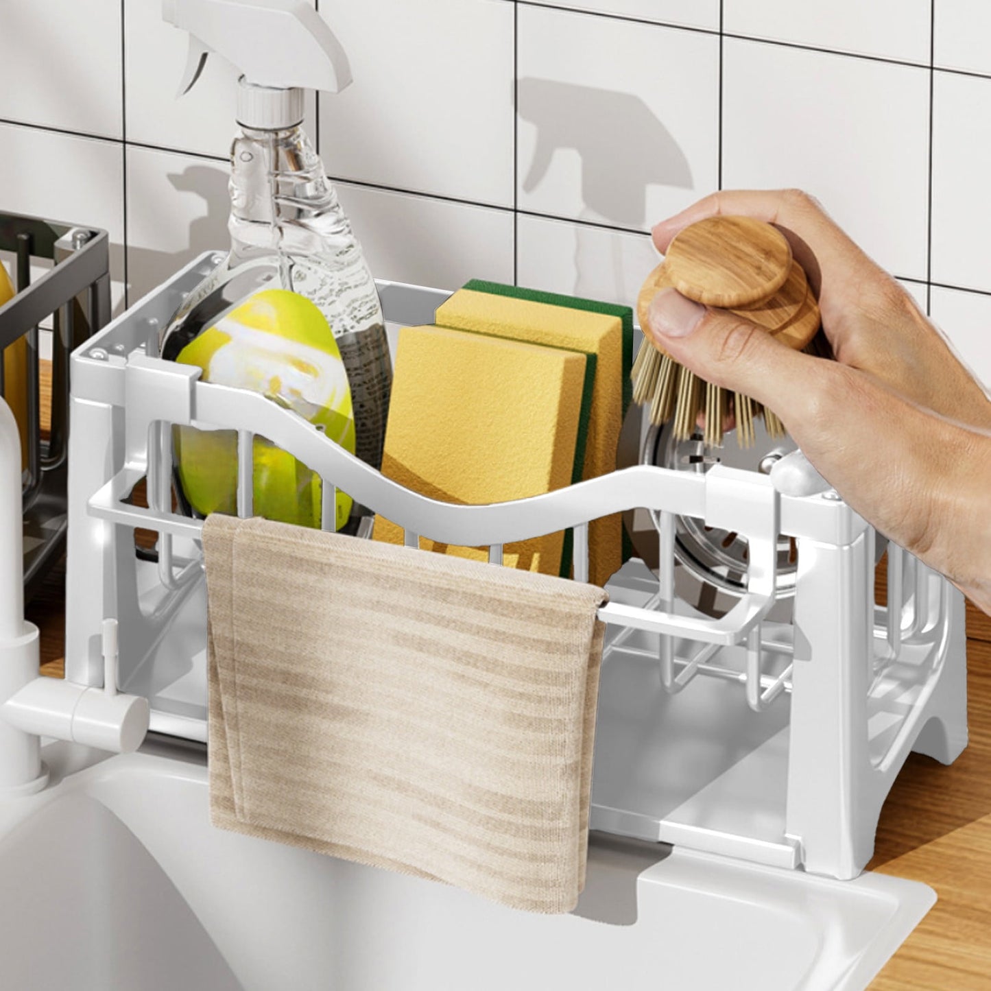 Kdkad Kitchen Sink Sponge Holder, Sponge Holder Kitchen Sink Caddy Organizer with Dish Brush Holder, Rustproof Stainless Steel Sink Sponge Holder with Auto-Draining Tray C