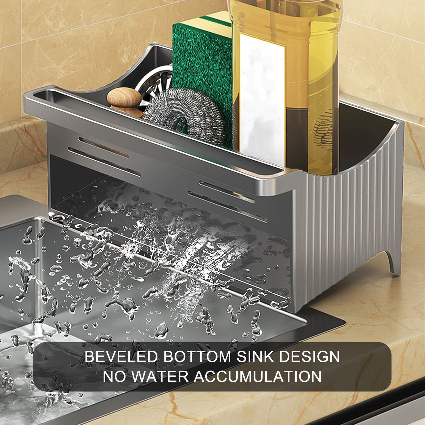 Kdkad Kitchen Sink Sponge Holder, Sponge Holder Kitchen Sink Caddy Organizer with Dish Brush Holder, Rustproof Stainless Steel Sink Sponge Holder with Auto-Draining Tray F