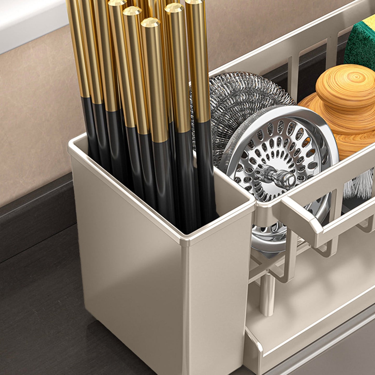 Kdkad Kitchen Sink Sponge Holder, Sponge Holder Kitchen Sink Caddy Organizer with Dish Brush Holder, Rustproof Stainless Steel Sink Sponge Holder with Auto-Draining Tray G