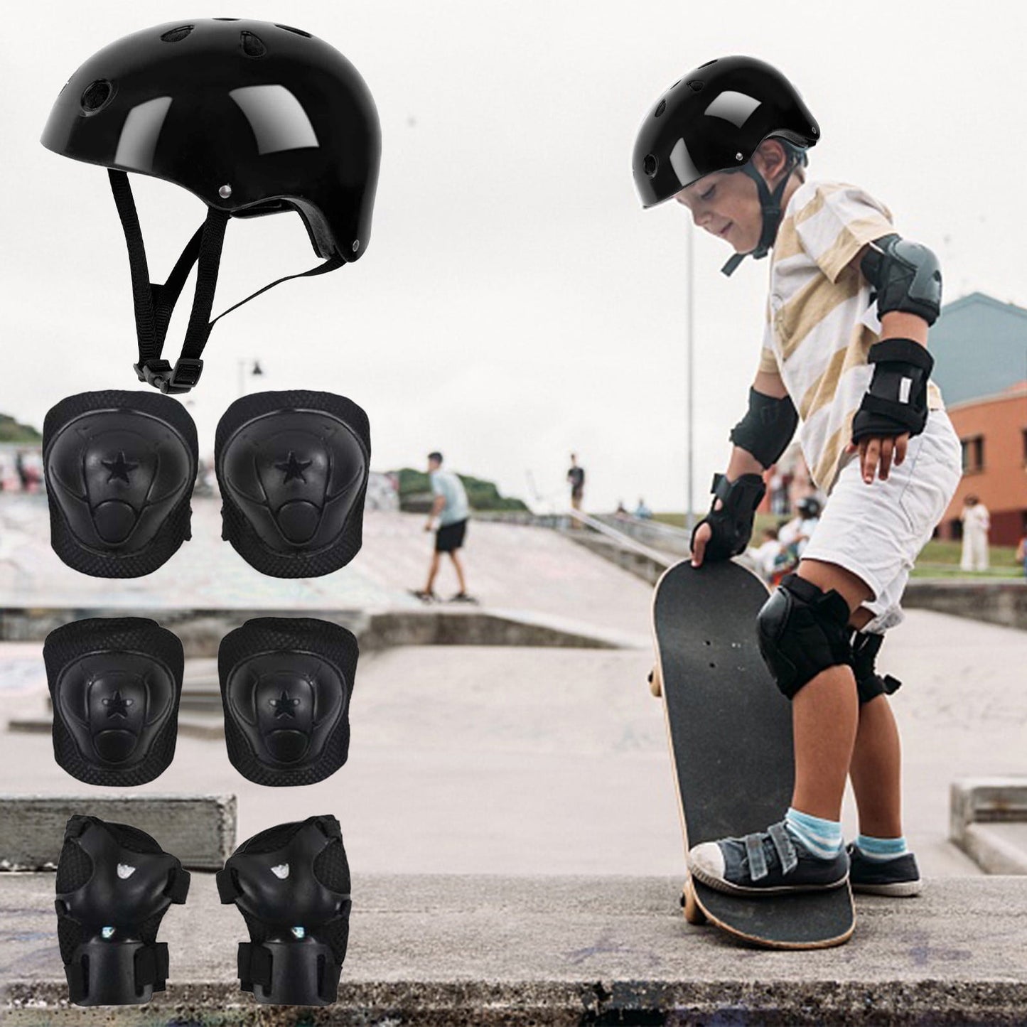 Darzheoy Kids Helmet Knee Elbow Pads Wrist Guard Sport Protective Gear Adjustable Scooter Skateboard Roller Bike Skate Cycling Set for Boy Girl Black