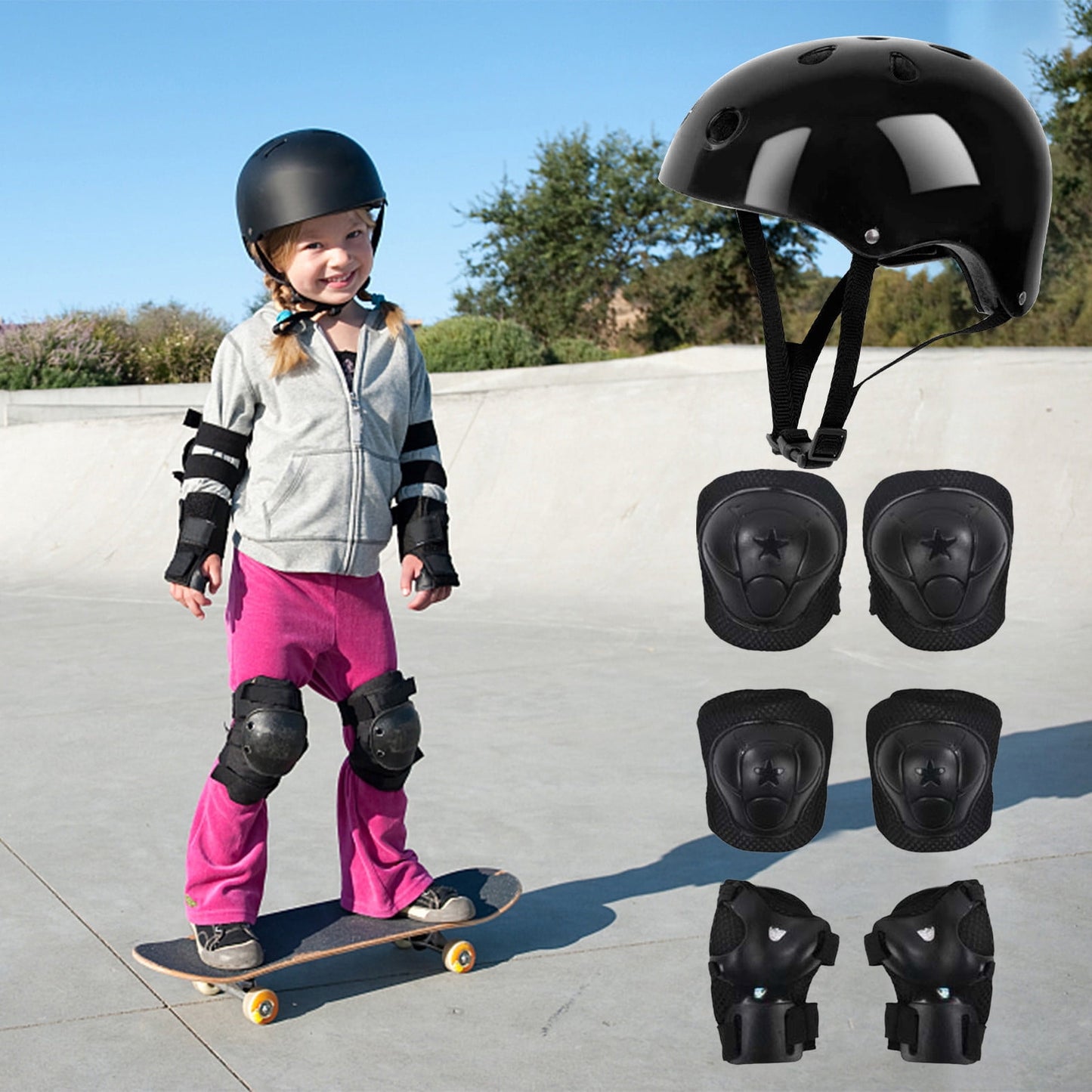 Darzheoy Kids Helmet Knee Elbow Pads Wrist Guard Sport Protective Gear Adjustable Scooter Skateboard Roller Bike Skate Cycling Set for Boy Girl Black