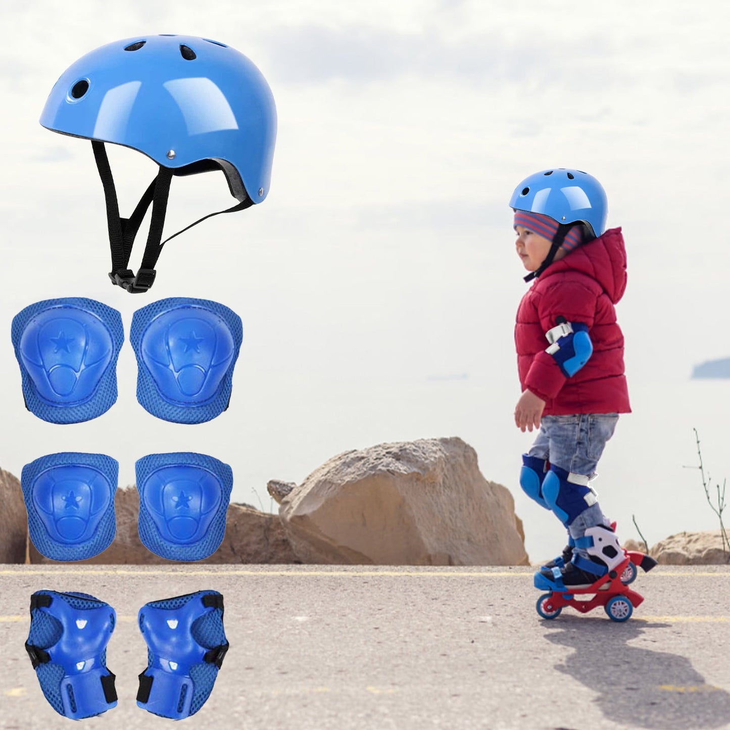Darzheoy Kids Helmet Knee Elbow Pads Wrist Guard Sport Protective Gear Adjustable Scooter Skateboard Roller Bike Skate Cycling Set for Boy Girl Blue