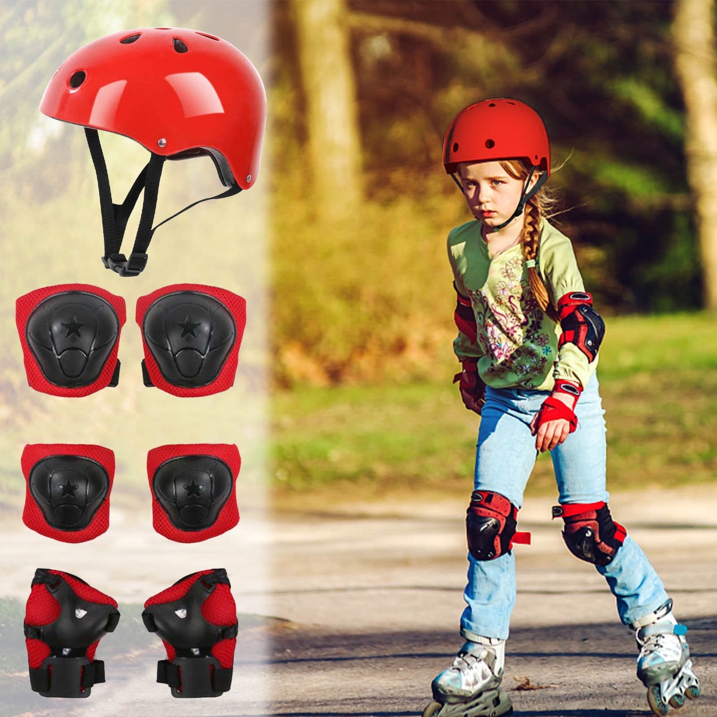 Darzheoy Kids Helmet Knee Elbow Pads Wrist Guard Sport Protective Gear Adjustable Scooter Skateboard Roller Bike Skate Cycling Set for Boy Girl Red