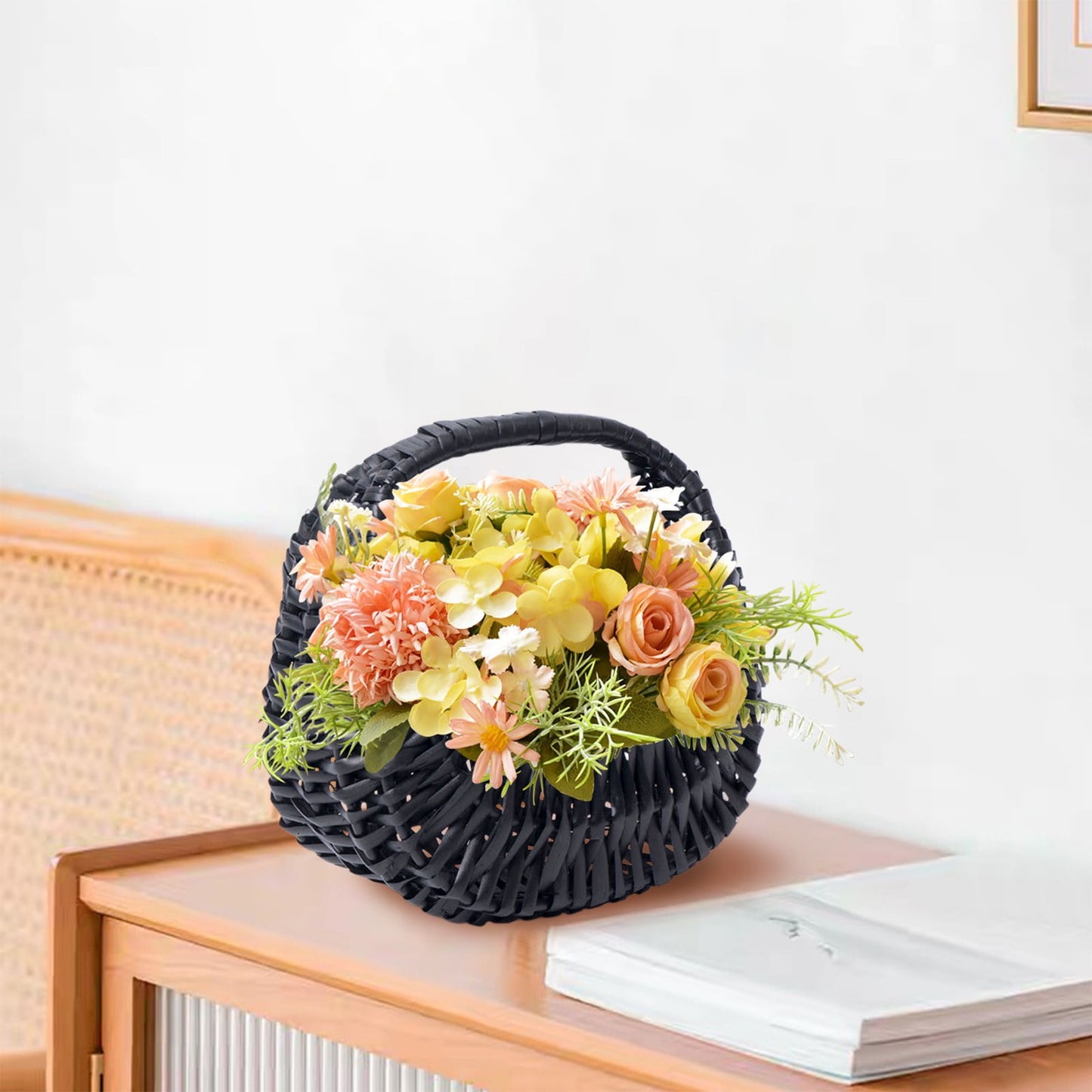 Darzheoy Wicker Basket with Handle, Wicker Shopping Basket, Picnic Baskets, Wicker Storage Basket, Rattan Basket for Wedding Black