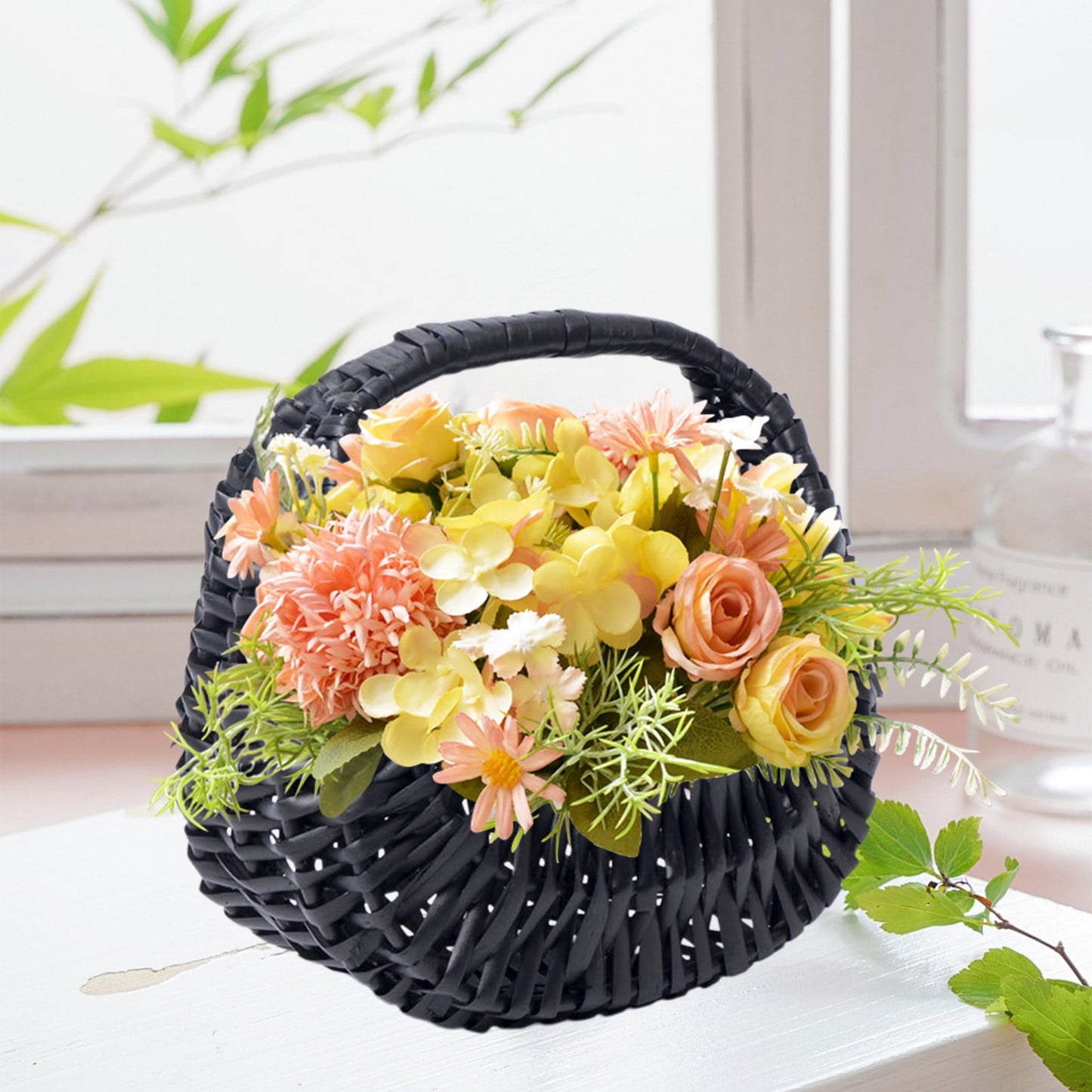 Darzheoy Wicker Basket with Handle, Wicker Shopping Basket, Picnic Baskets, Wicker Storage Basket, Rattan Basket for Wedding Black