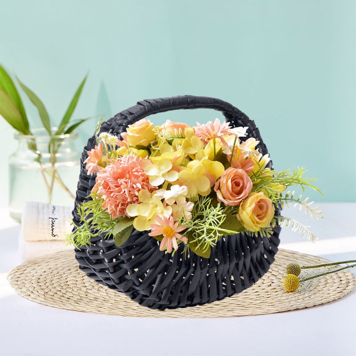 Darzheoy Wicker Basket with Handle, Wicker Shopping Basket, Picnic Baskets, Wicker Storage Basket, Rattan Basket for Wedding Black