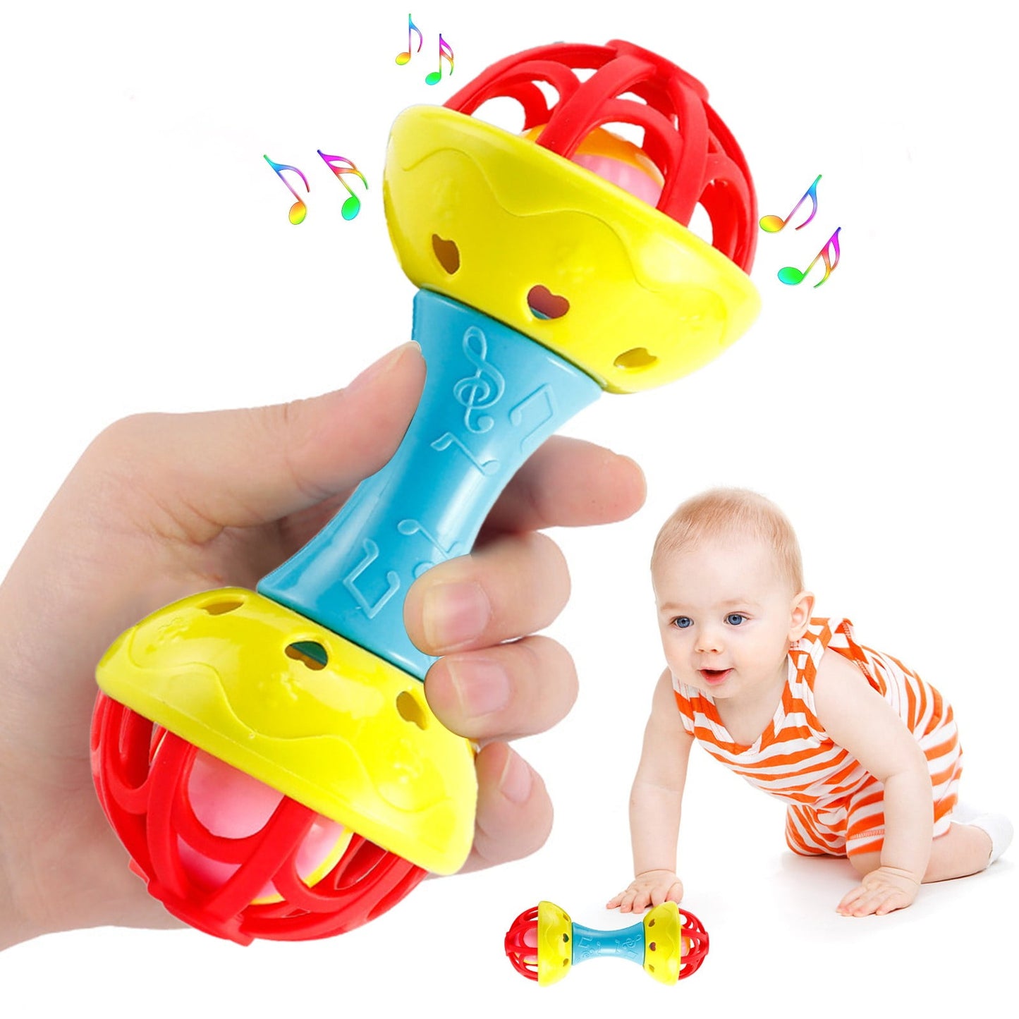 Chmadoxn Musical Jingle Rattle & Sensory Puzzle Ball Toy - Easy-Grasp Soft Baby Toy with Soothing Sounds, Textured Developmental Learning Ball for Infants 6-12 Months, Non-Toxic BPA-Free (Red&Yellow) As Show B