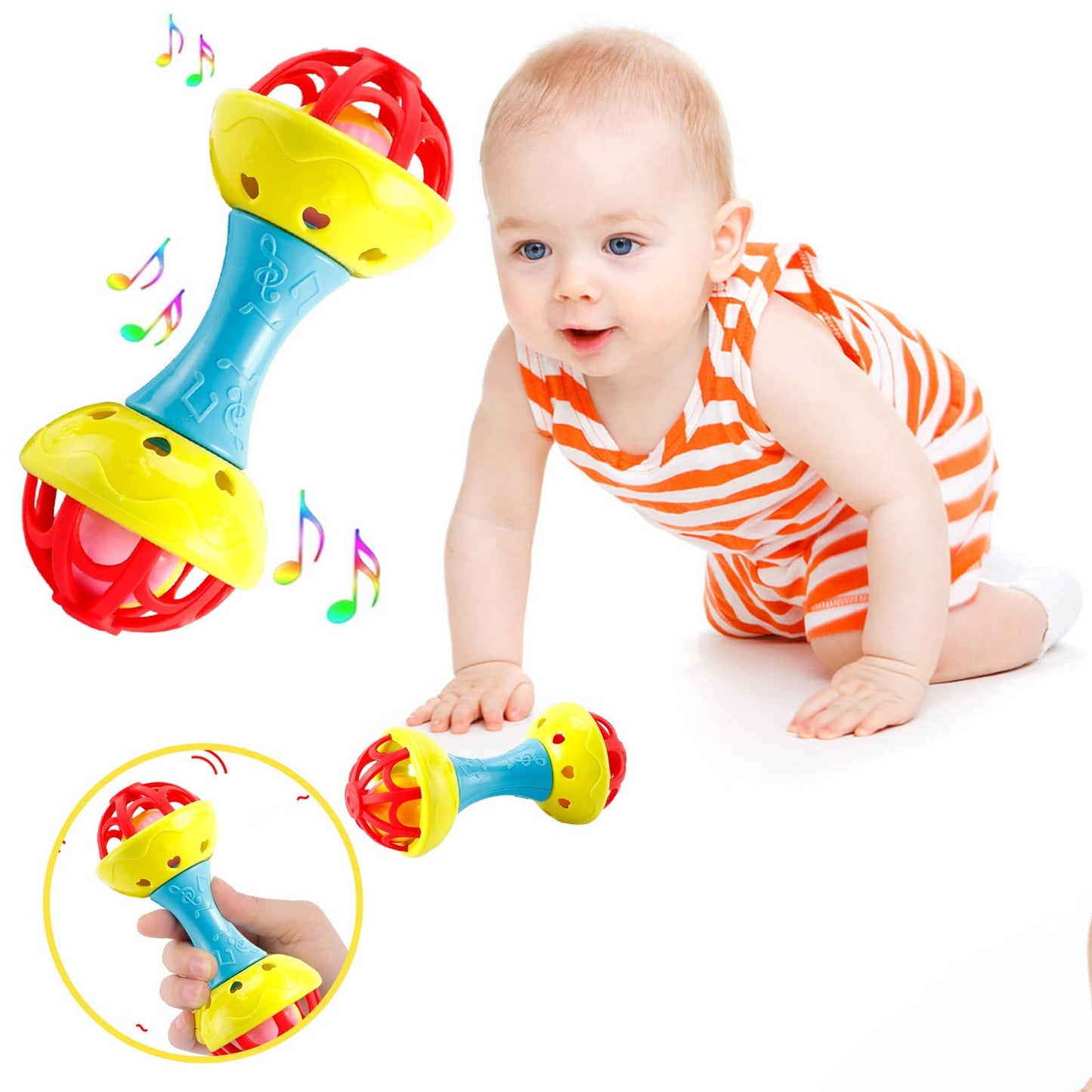 Chmadoxn Musical Jingle Rattle & Sensory Puzzle Ball Toy - Easy-Grasp Soft Baby Toy with Soothing Sounds, Textured Developmental Learning Ball for Infants 6-12 Months, Non-Toxic BPA-Free (Red&Yellow) As Show B