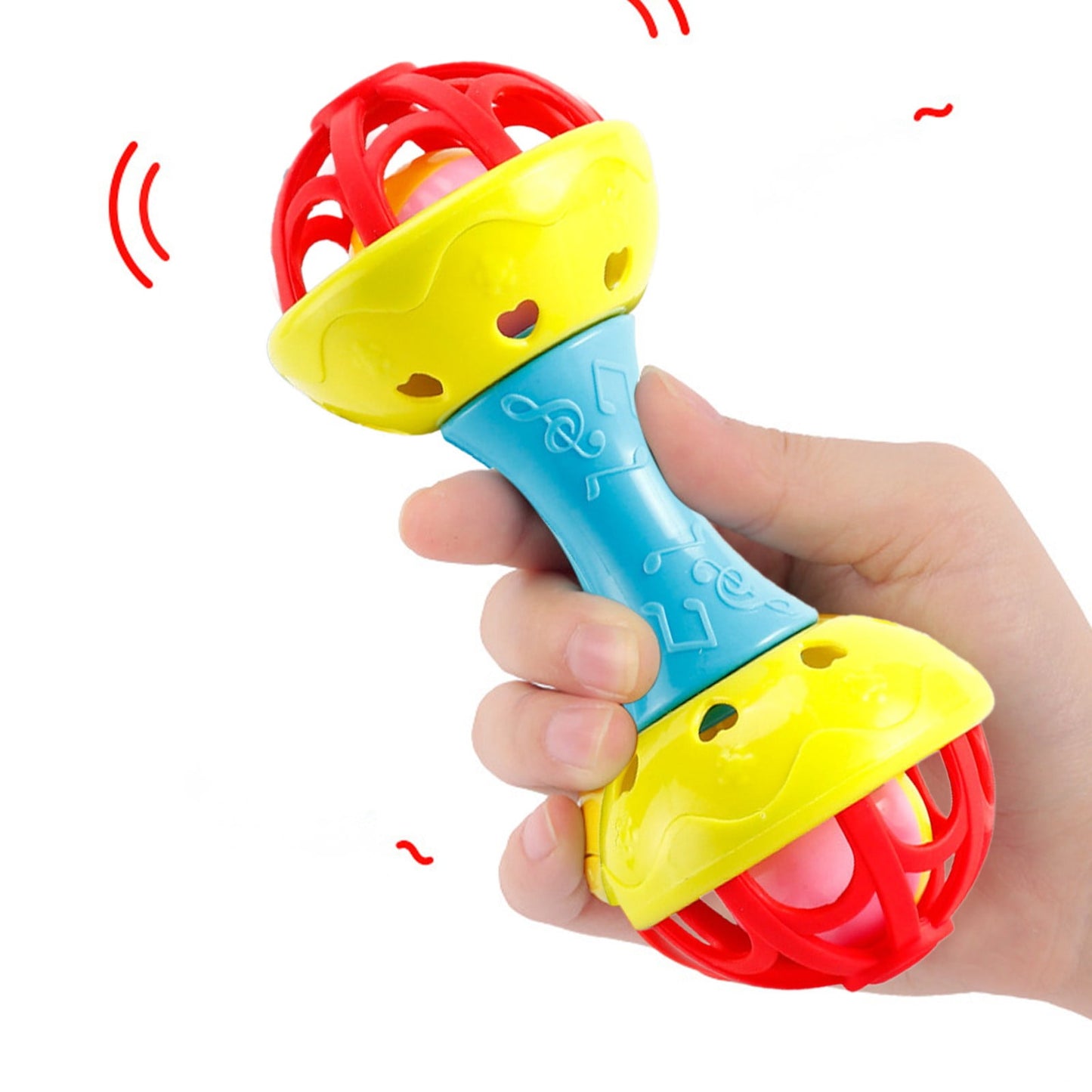 Chmadoxn Musical Jingle Rattle & Sensory Puzzle Ball Toy - Easy-Grasp Soft Baby Toy with Soothing Sounds, Textured Developmental Learning Ball for Infants 6-12 Months, Non-Toxic BPA-Free (Red&Yellow) As Show J
