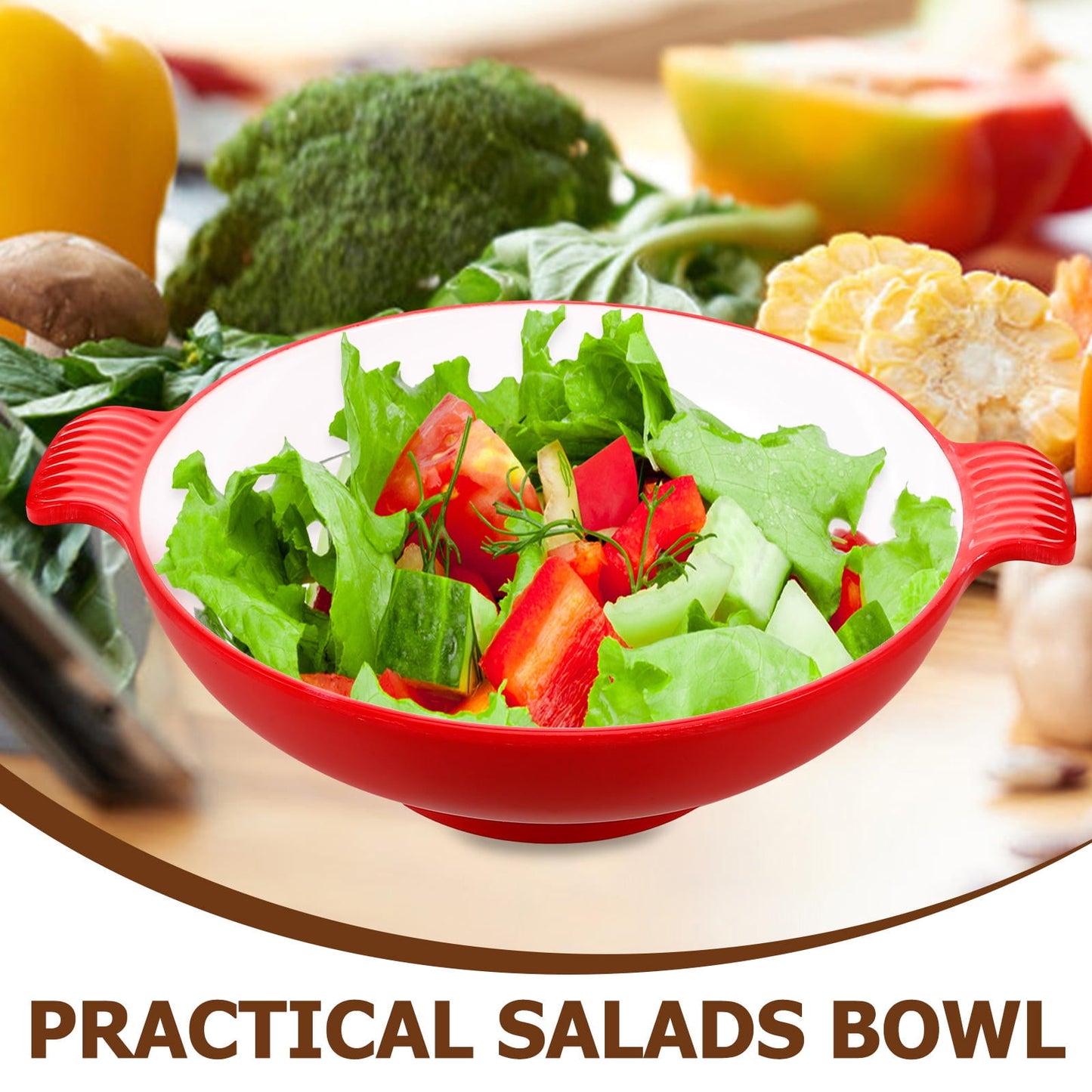 SKISUNO Large Salad Serving Bowl Red Plastic 1Set 10.41X8.45X2.55in