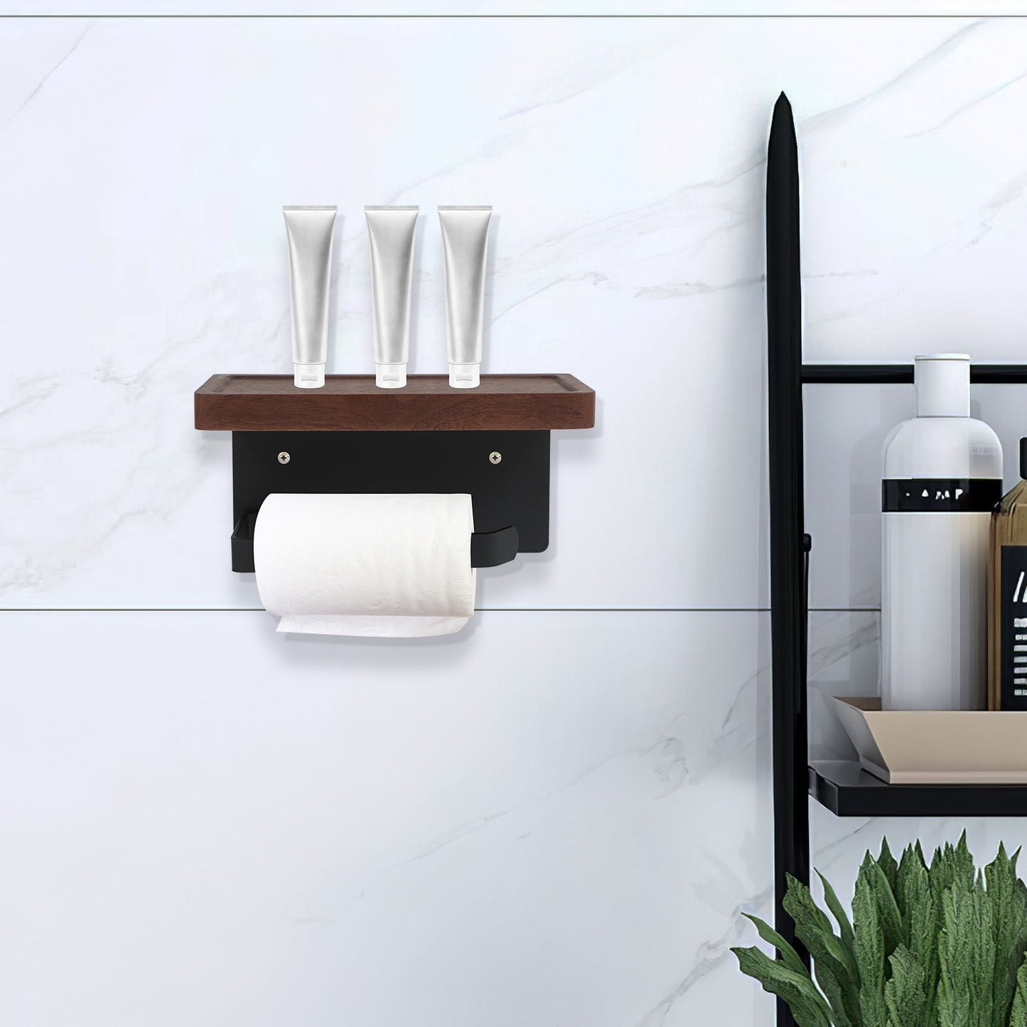 WHAMVOX Solid Wood Toilet Paper Holder Stand with Storage Shelf Bathroom Tissue Rack Organizer