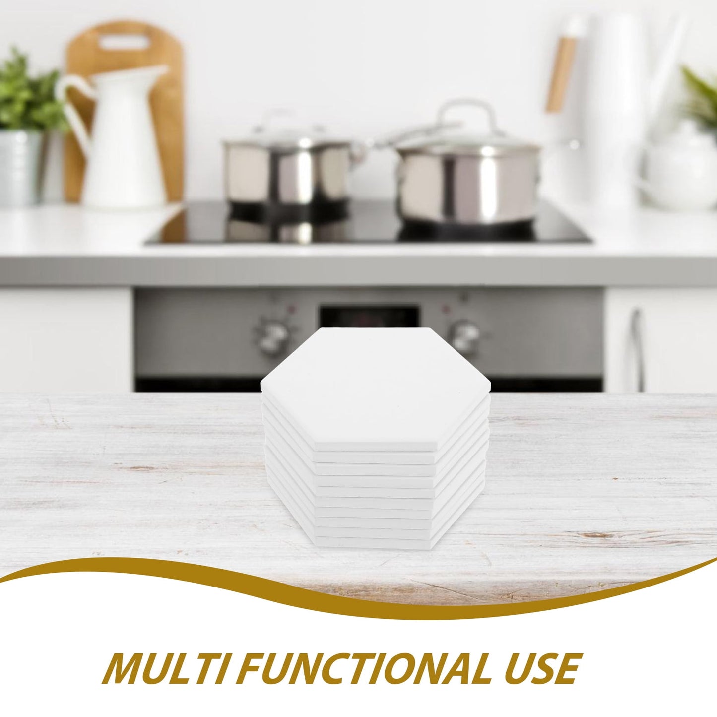 HOOWIFFY 10Set White Ceramic Hexagonal Coasters with Nonslip Heat Resistant Surface for Sublimation