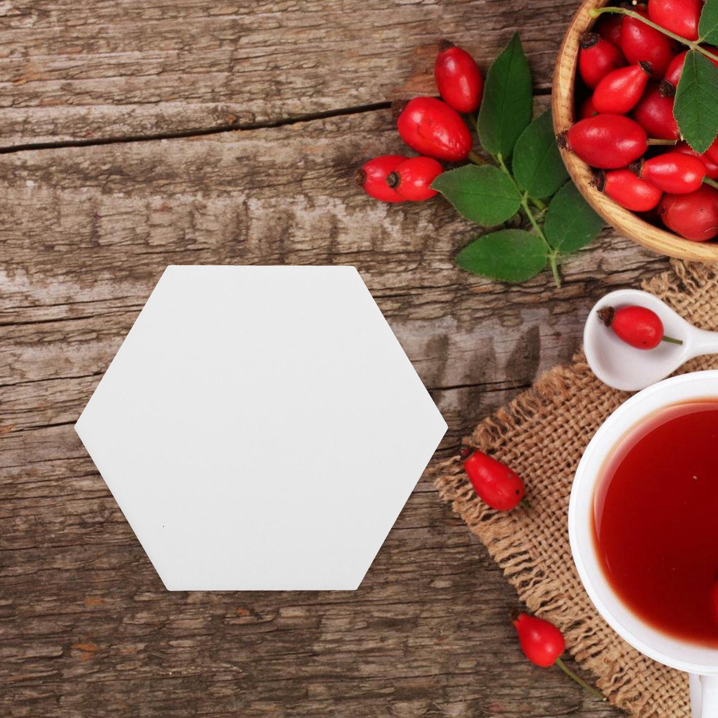 HOOWIFFY 10Set White Ceramic Hexagonal Coasters with Nonslip Heat Resistant Surface for Sublimation