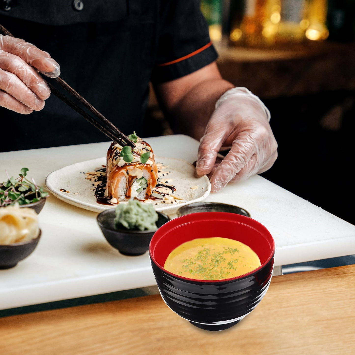HOOWIFFY Traditional Japanese Miso Soup Bowl Set, Round Black Ceramic, 10x10x9.5cm, Perfect for Authentic Asian Cuisine