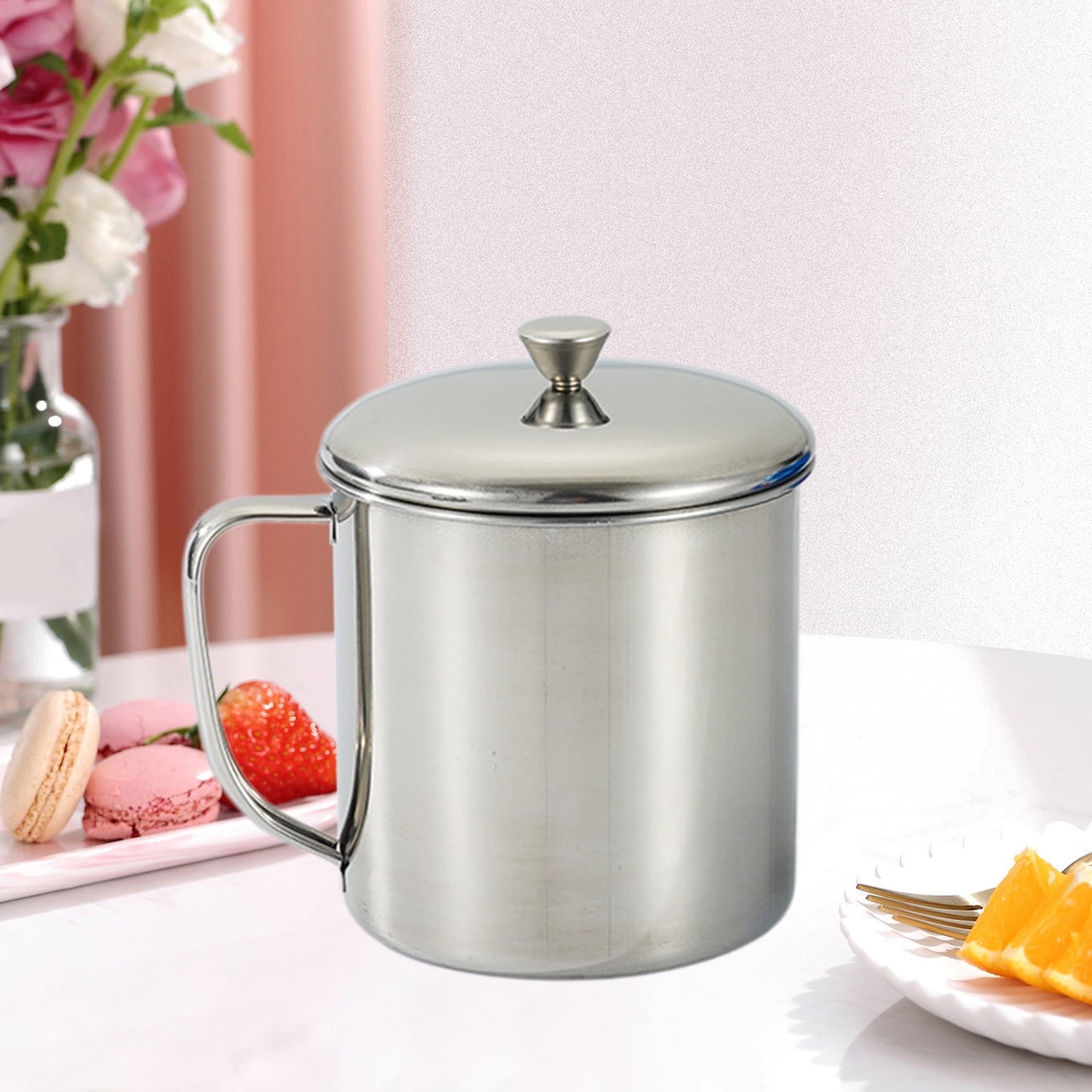 Darzheoy Stainless Steel Coffee Cup - Metal Tea Mug with Lid and Handle for Camping and Everyday Use M Silver