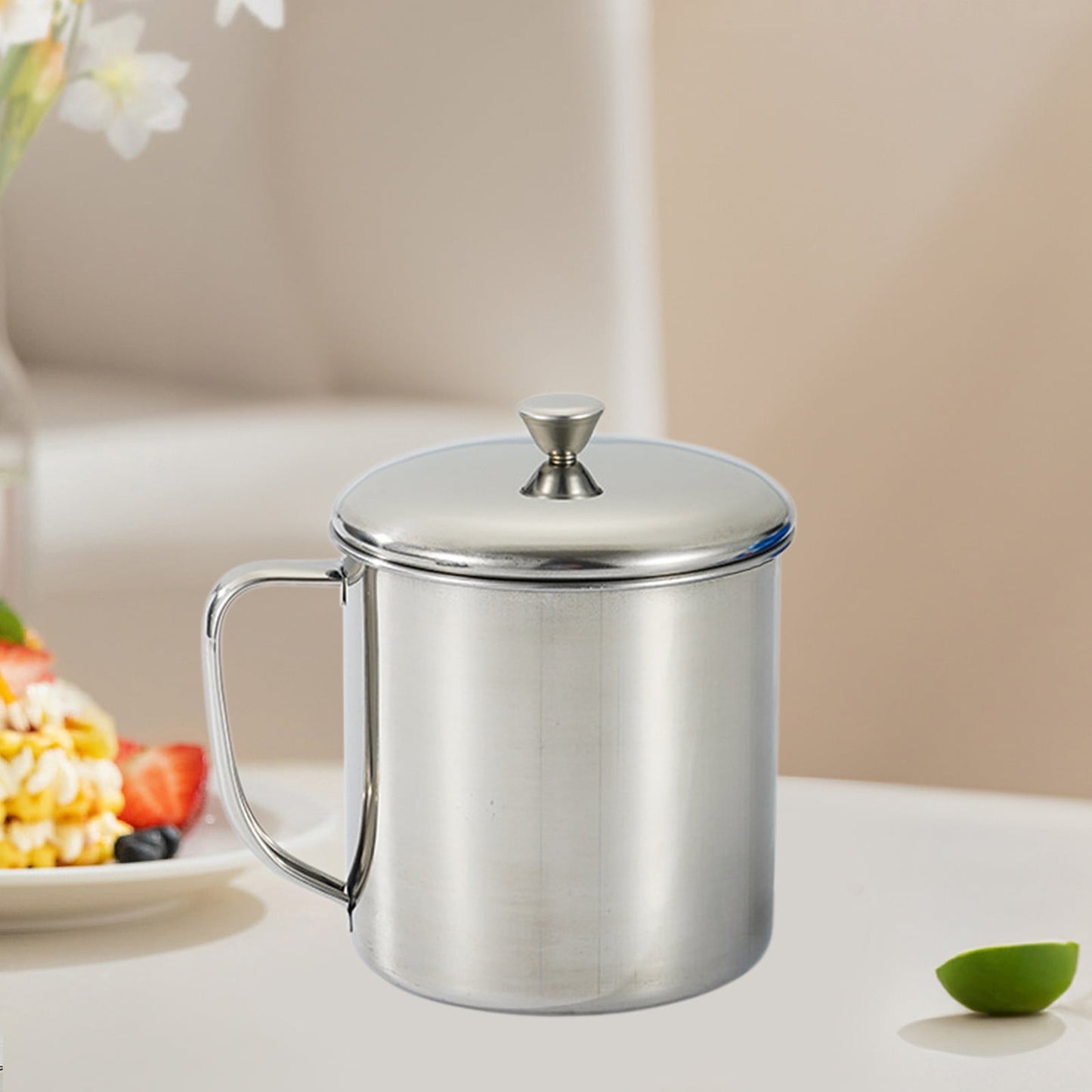 Darzheoy Stainless Steel Coffee Cup - Metal Tea Mug with Lid and Handle for Camping and Everyday Use L Silver