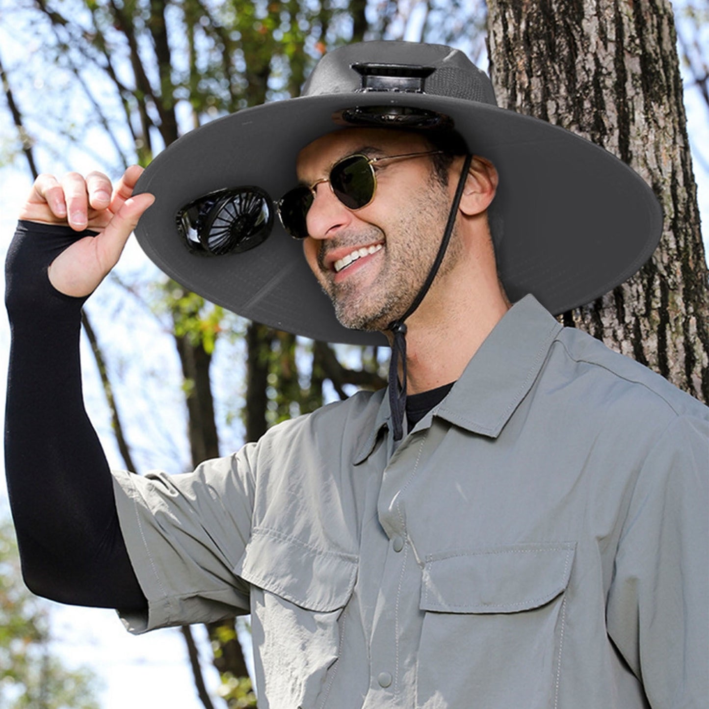 Darzheoy Solar Fan Hat Wide Brim Solar Fan Hat Outdoor Wide Brim Sun Hat with Solar Fan Fishing Hat, Removable & USB Charging Fan B-Dark Gray