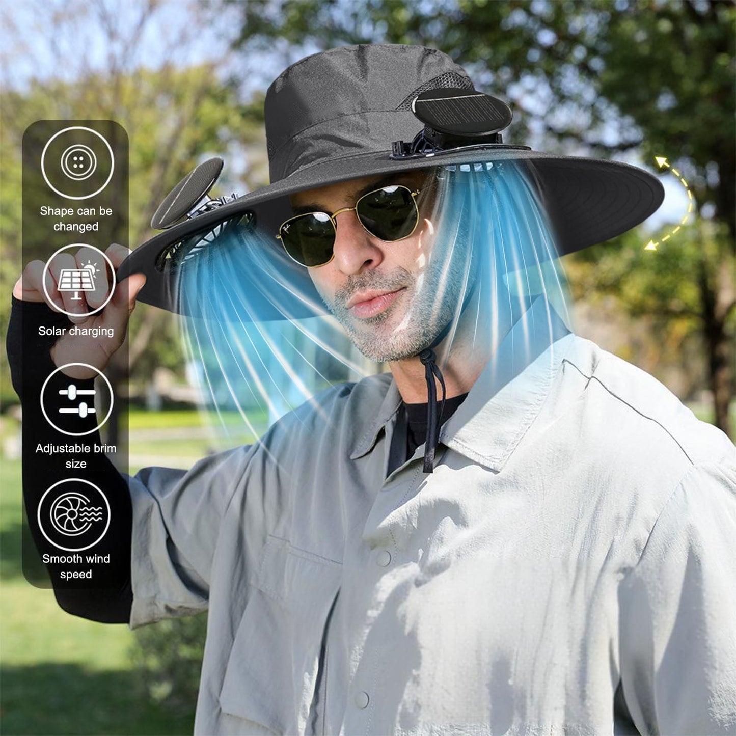 Darzheoy Solar Fan Hat Wide Brim Solar Fan Hat Outdoor Wide Brim Sun Hat with Solar Fan Fishing Hat, Removable & USB Charging Fan B-Dark Gray