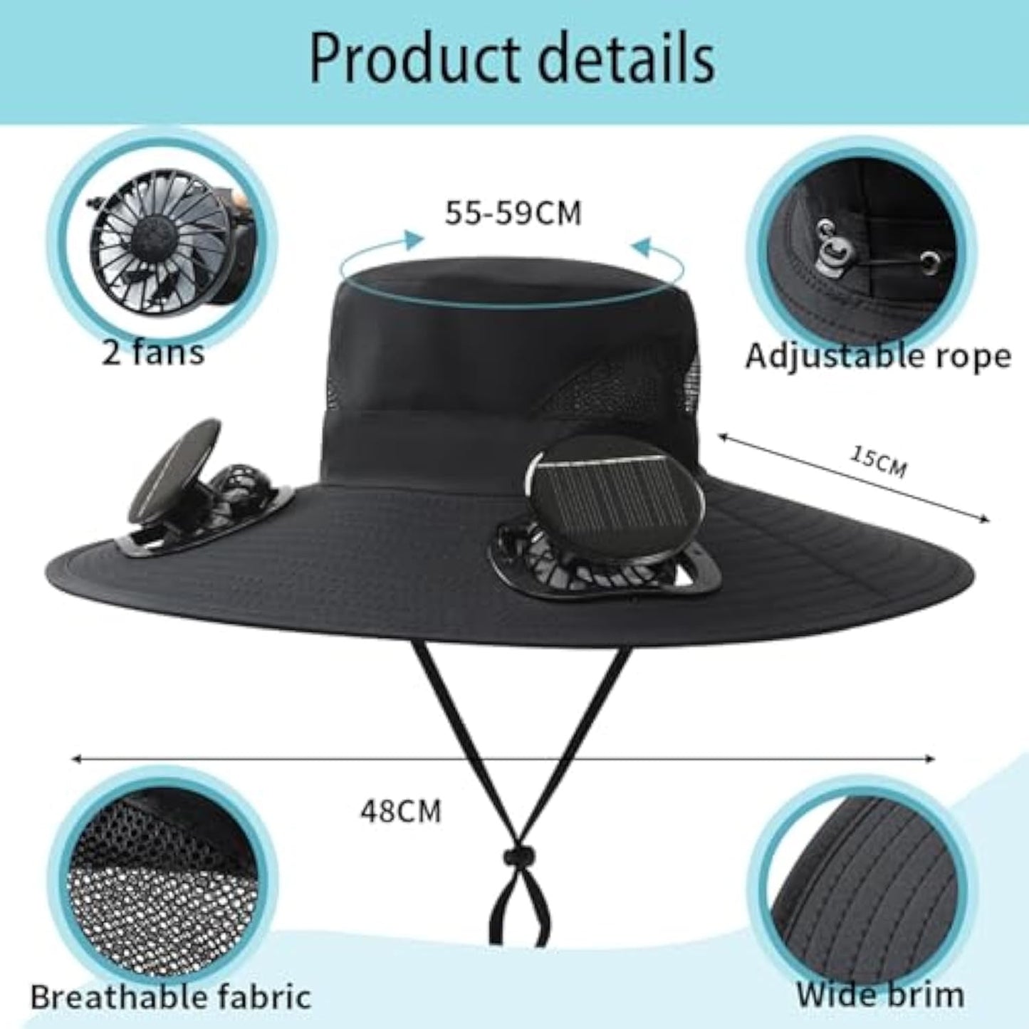 Darzheoy Solar Fan Hat Wide Brim Solar Fan Hat Outdoor Wide Brim Sun Hat with Solar Fan Fishing Hat, Removable & USB Charging Fan D-Black