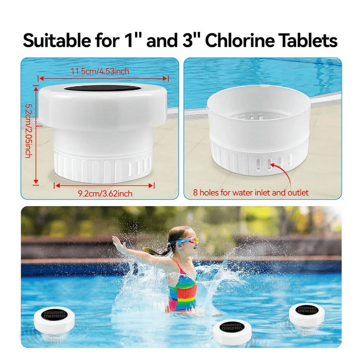 Darzheoy Pool Chlorine Floater, Chlorine Tablet Floater with Solar Light, Floating Chlorine Dispenser Fit 1" and 3" Chlorine Tabs, Adjustable Pool Chlorinator Floater White