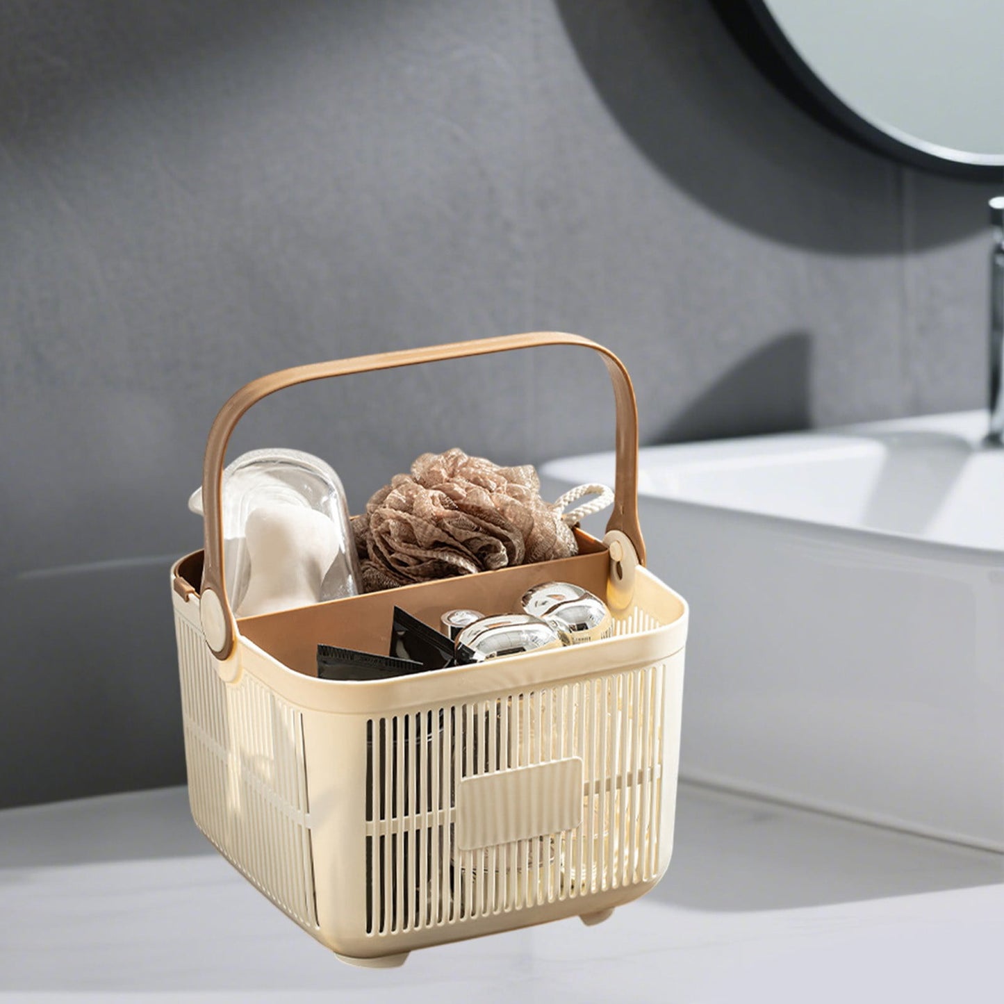 Kdkad Shower Caddy with Dry Wet Separation - Portable PP Plastic Bath Tote for College Dorms, Large Bathroom Organizer Basket with Drain Holes & Rust-Free Hooks 9.4×6.7 in White