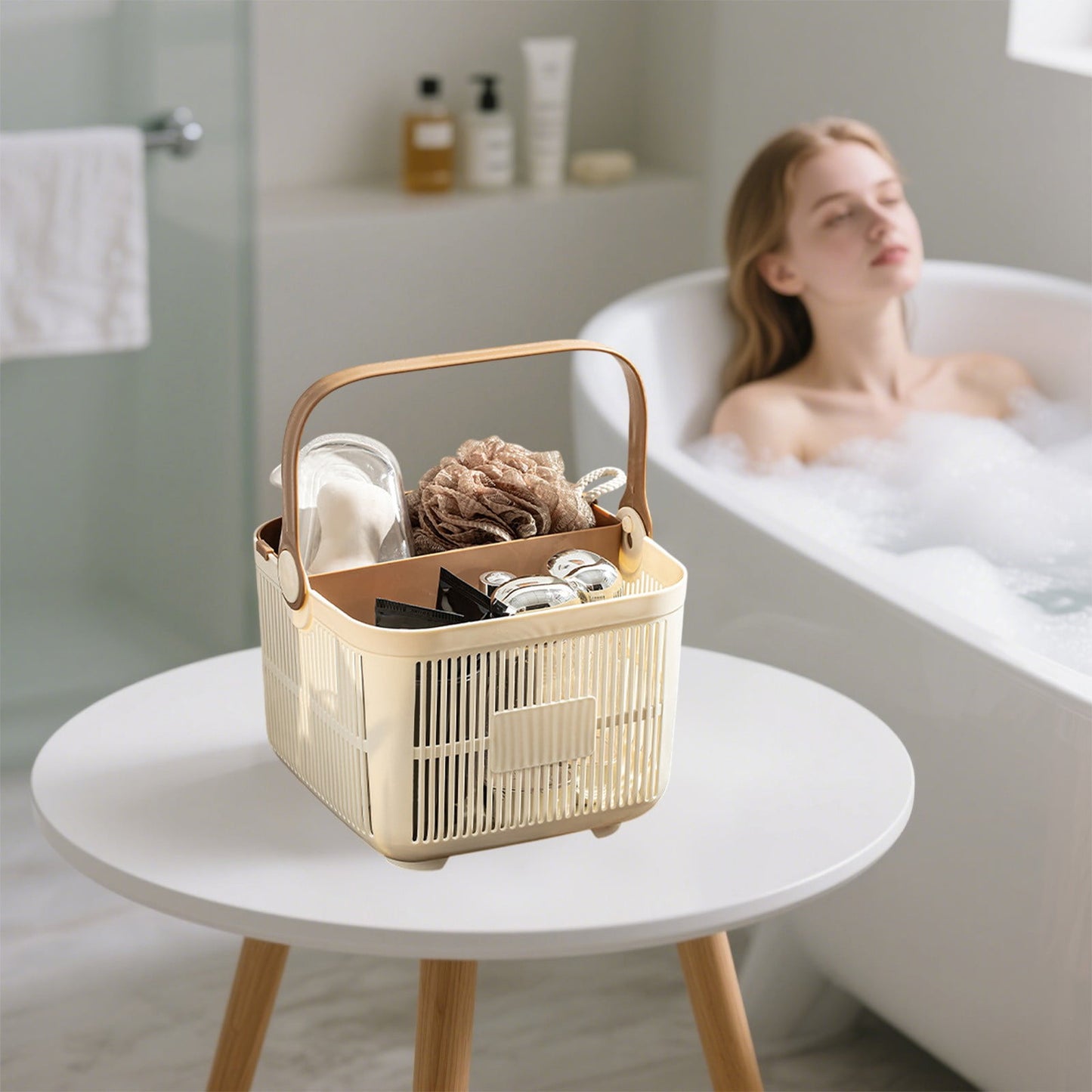 Kdkad Shower Caddy with Dry Wet Separation - Portable PP Plastic Bath Tote for College Dorms, Large Bathroom Organizer Basket with Drain Holes & Rust-Free Hooks 9.4×6.7 in White