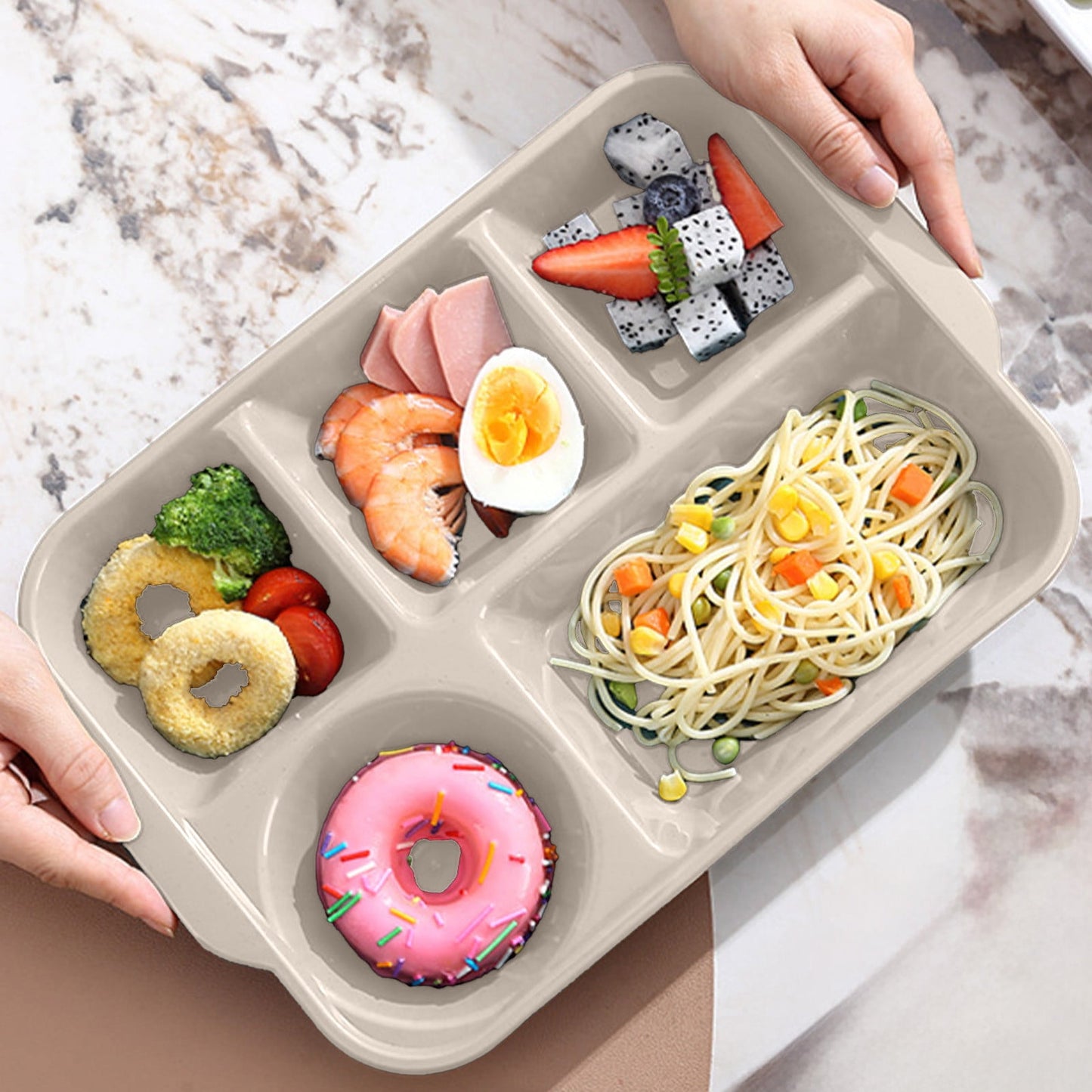 Darzheoy Unbreakable Divided Plates, 5-Compartment Wheat Straw Tray Divided Food Plates Lunch Trays Section Plates for Kids Adults, Microwave Dishwasher Safe, BPA Free Beige