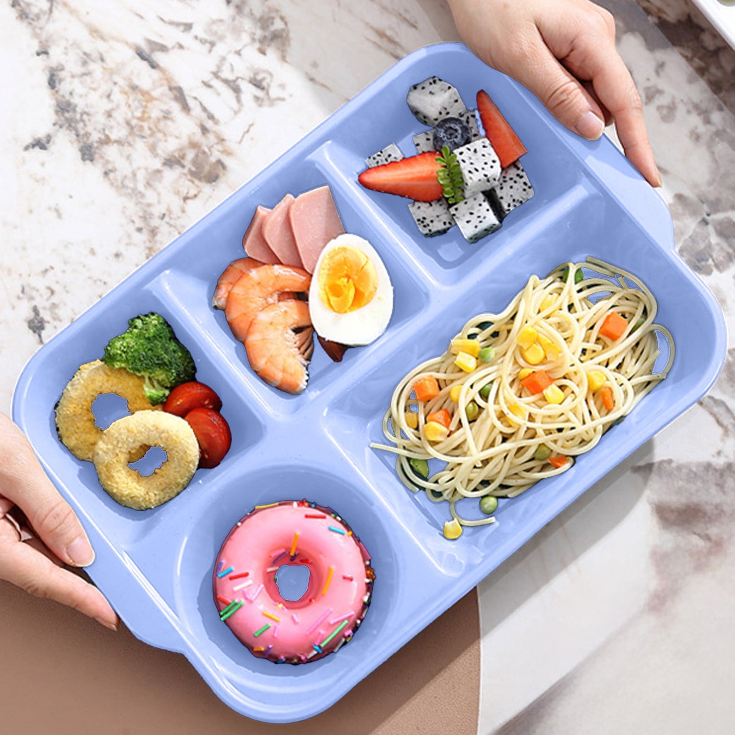 Darzheoy Unbreakable Divided Plates, 5-Compartment Wheat Straw Tray Divided Food Plates Lunch Trays Section Plates for Kids Adults, Microwave Dishwasher Safe, BPA Free Blue