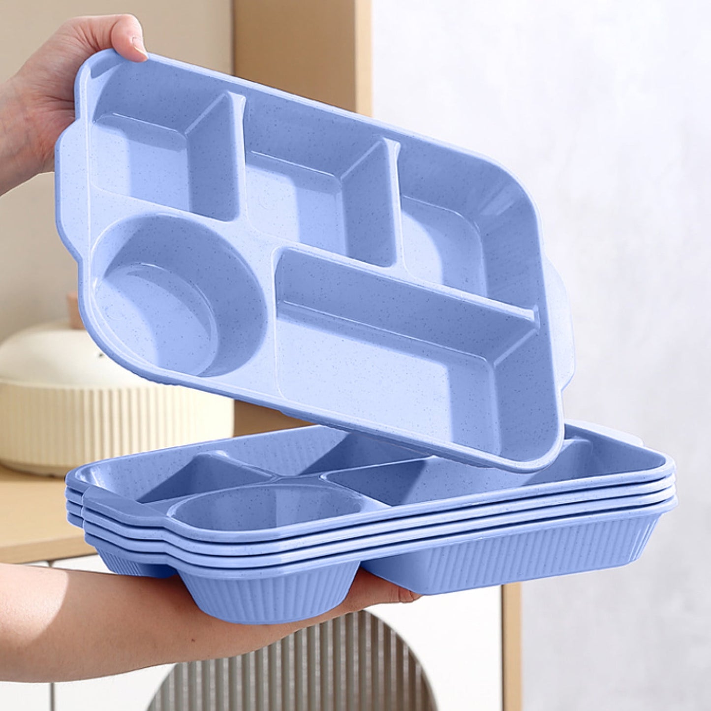 Darzheoy Unbreakable Divided Plates, 5-Compartment Wheat Straw Tray Divided Food Plates Lunch Trays Section Plates for Kids Adults, Microwave Dishwasher Safe, BPA Free Blue